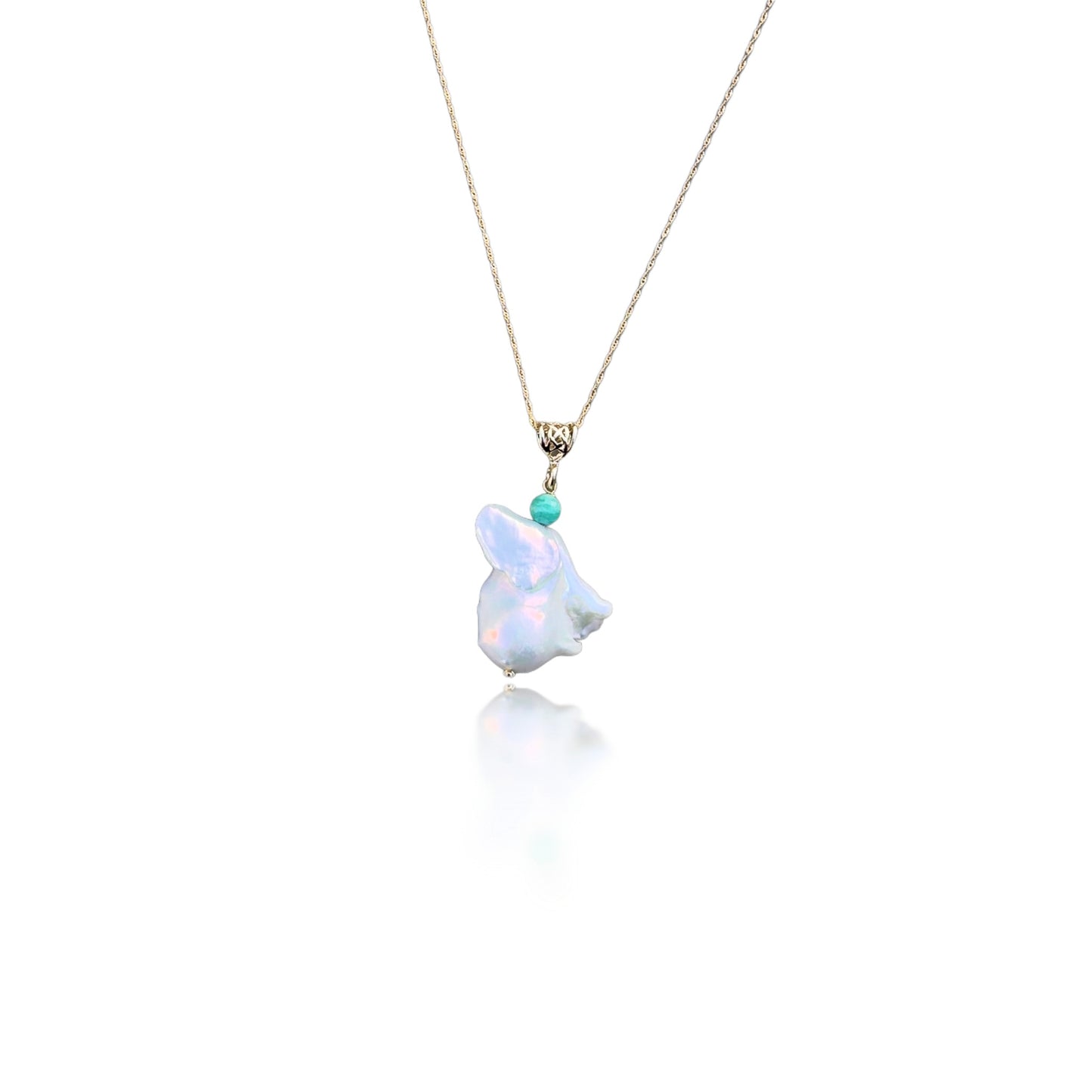 Inner Peace Pendant with White Baroque Pearl, Amazonite and Gold