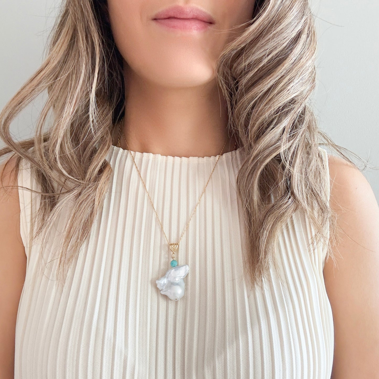 Inner Peace Pendant with White Baroque Pearl, Amazonite and Gold