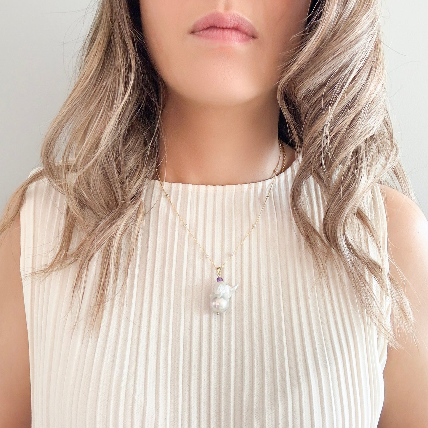 Inner Peace Pendant with White Baroque Pearl and Amethyst