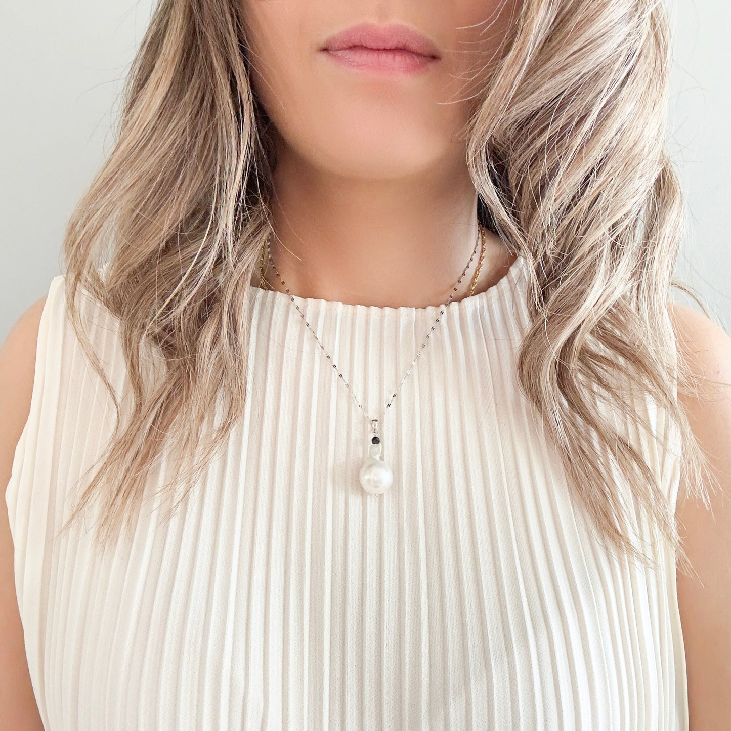 Inner Peace Pendant with White Baroque Pearls and Black Spinel