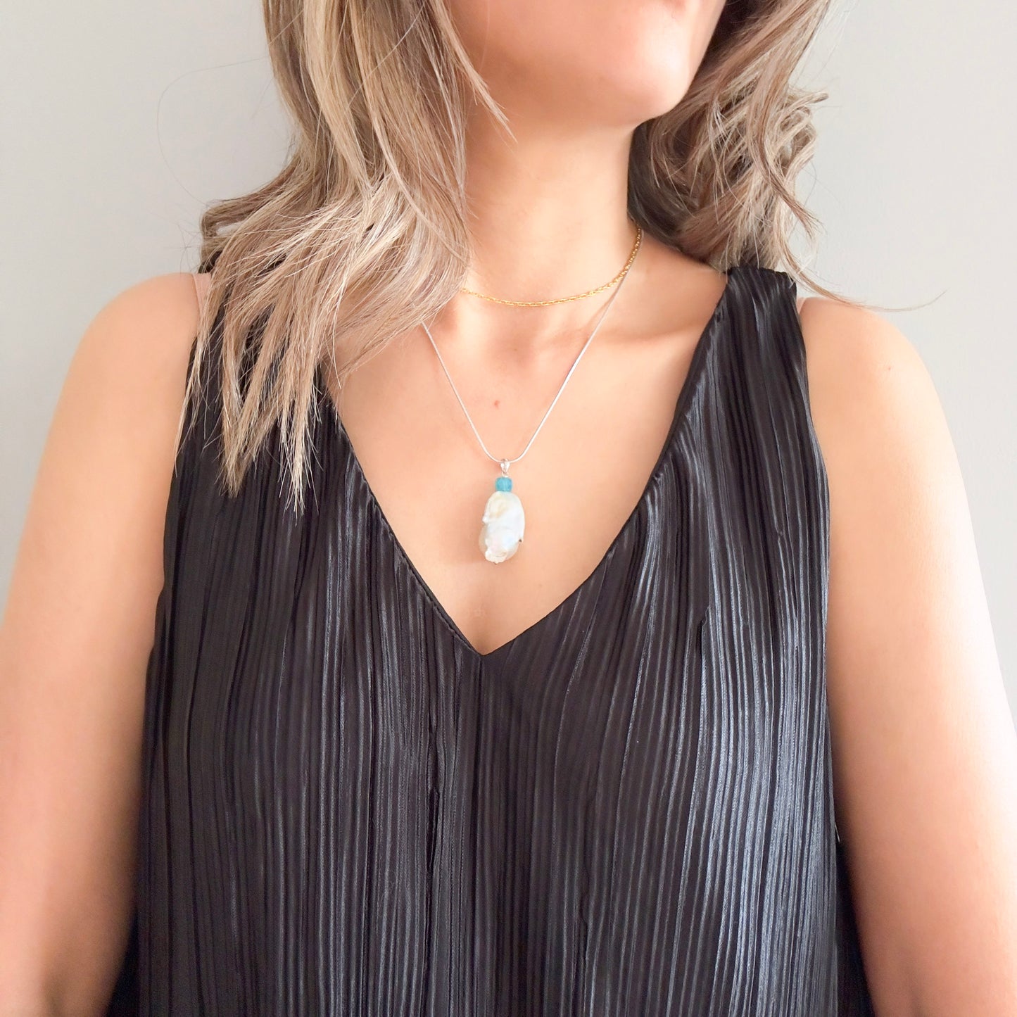 Inner Peace Pendant with White Baroque Pearl and Blue Chalcedony