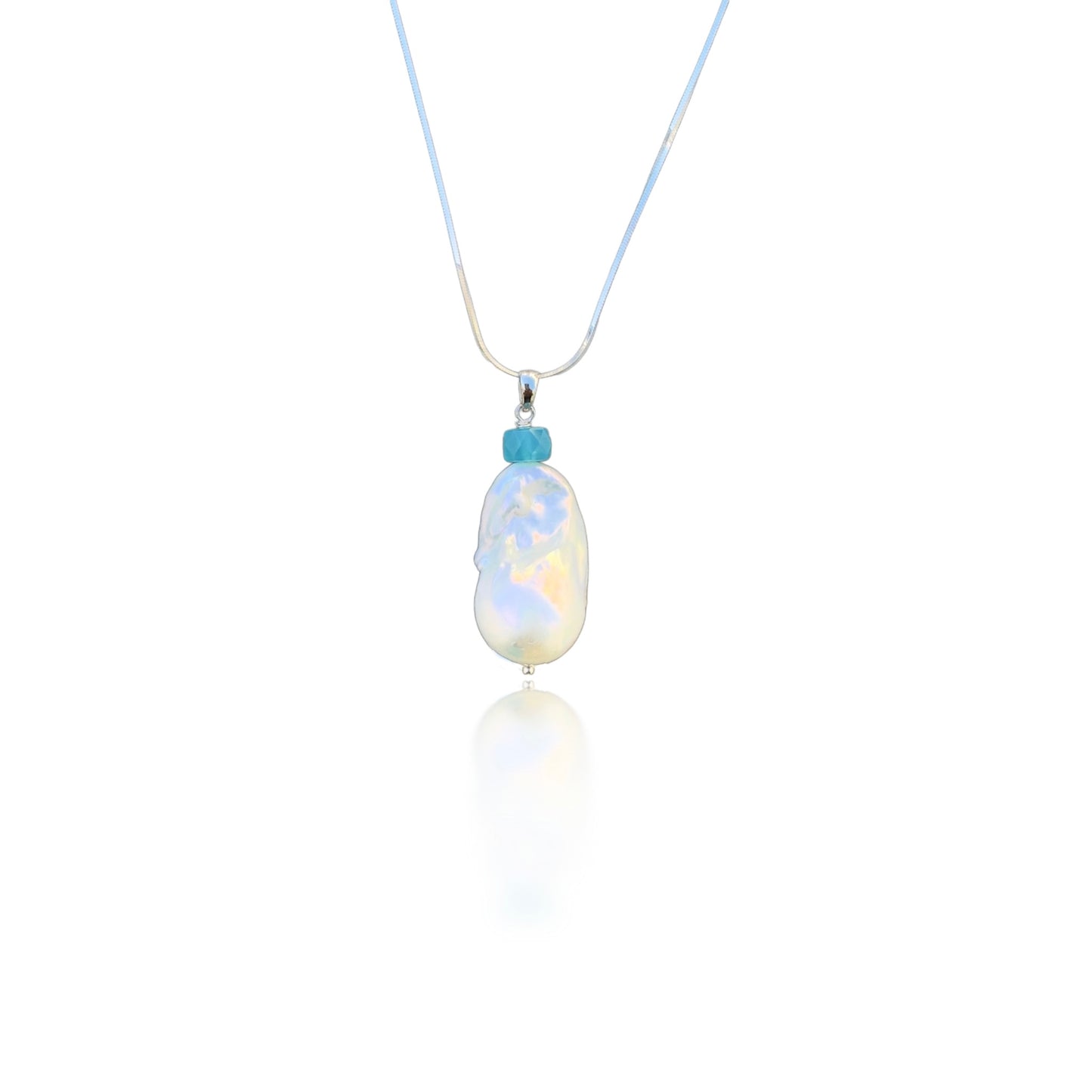 Inner Peace Pendant with White Baroque Pearl and Blue Chalcedony