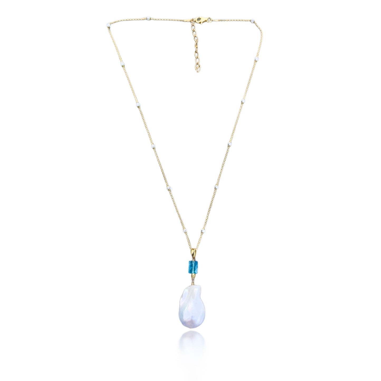 Inner Peace Pendant with White Baroque Pearl and Blue Topaz