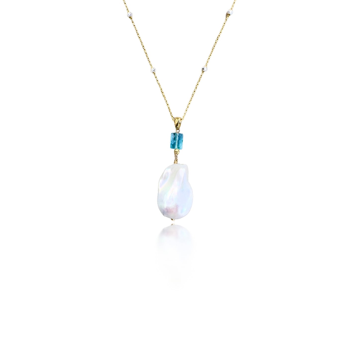 Inner Peace Pendant with White Baroque Pearl and Blue Topaz