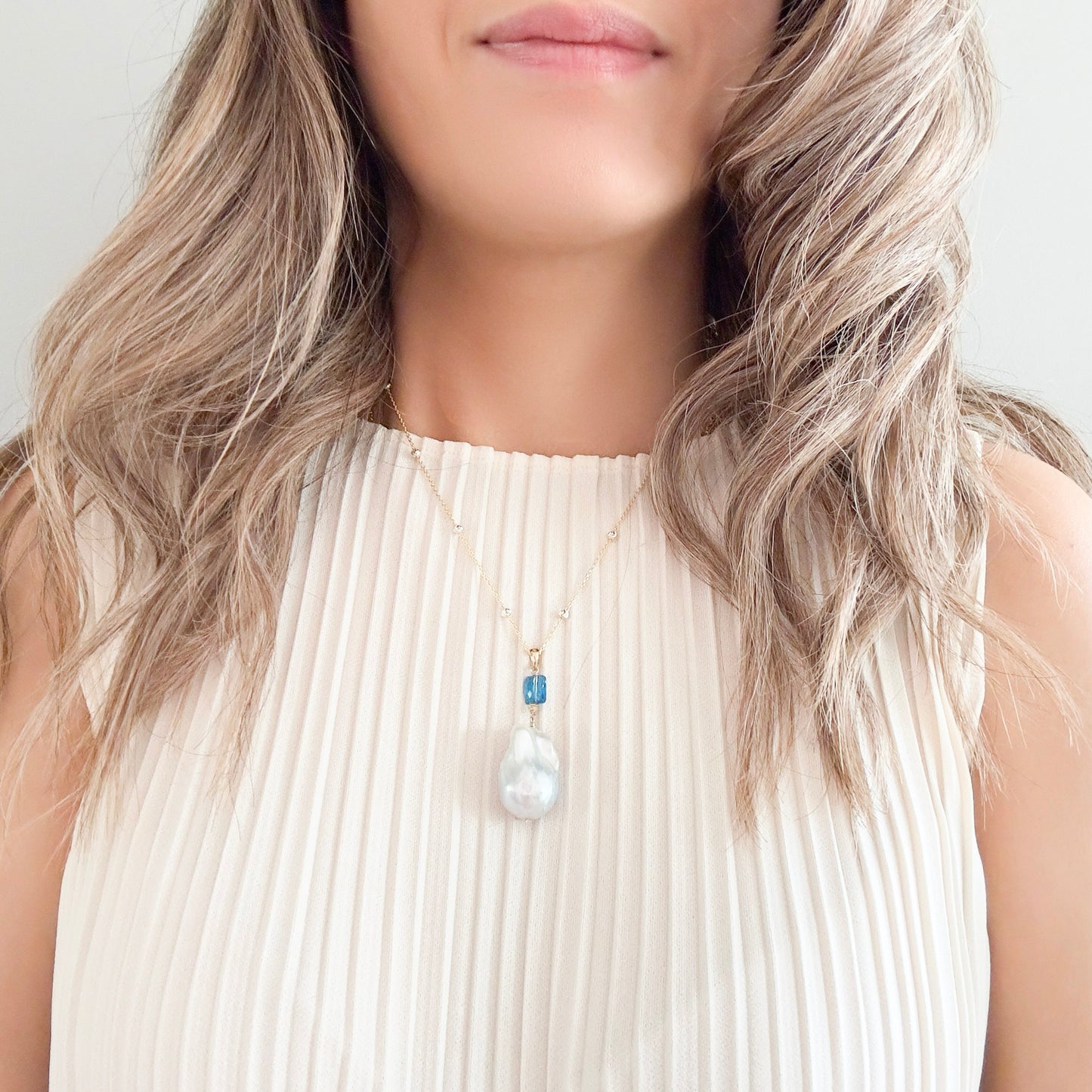 Inner Peace Pendant with White Baroque Pearl and Blue Topaz