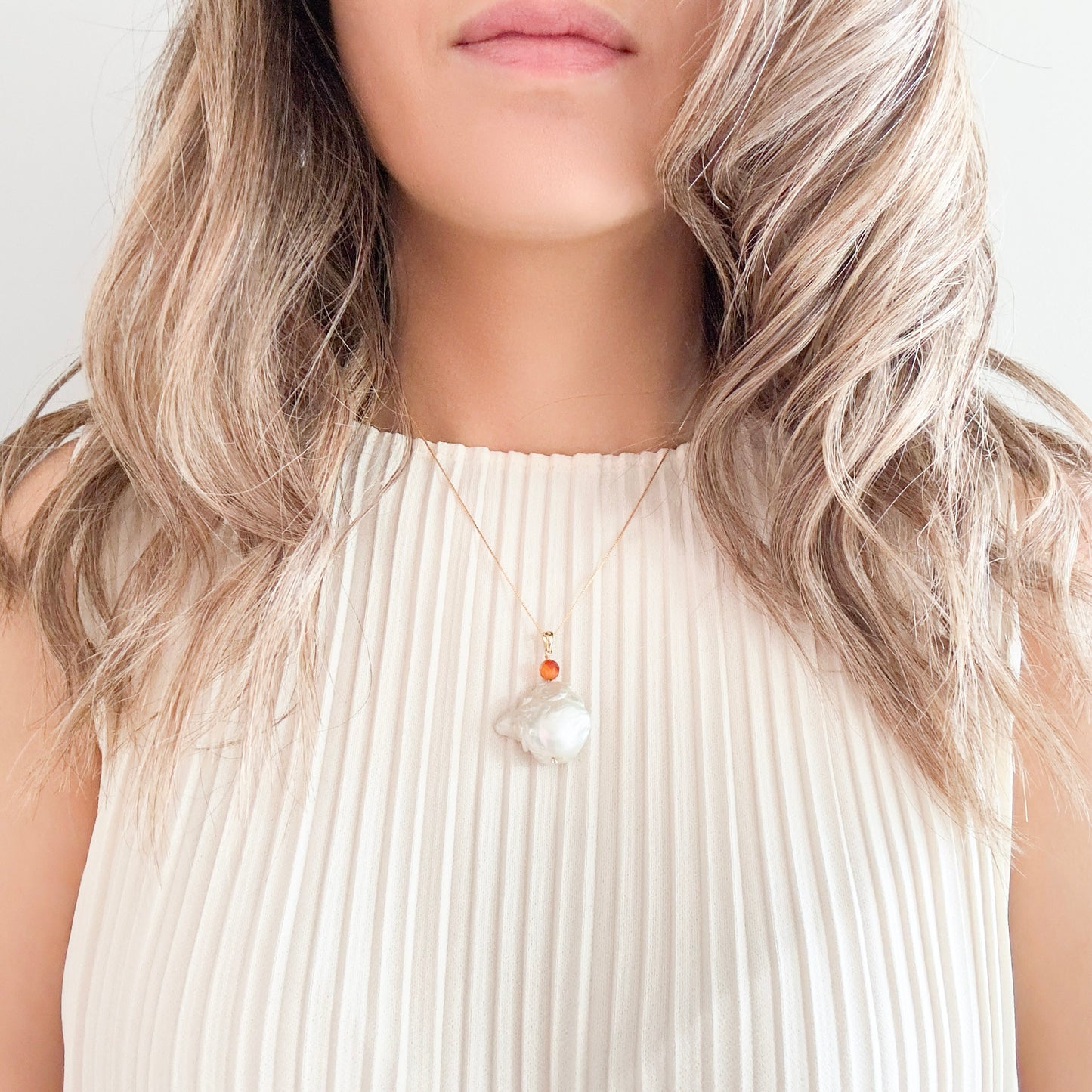 Inner Peace Pendant with White Baroque Pearl and Carnelian
