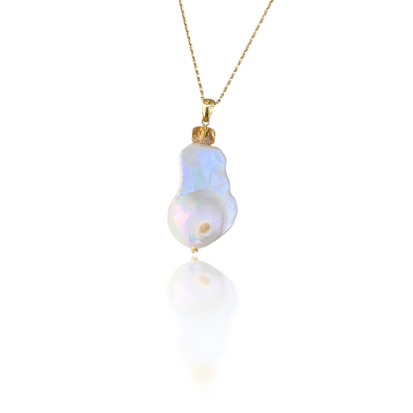 Inner Peace Pendant with White Baroque Pearl, Citrine and Gold