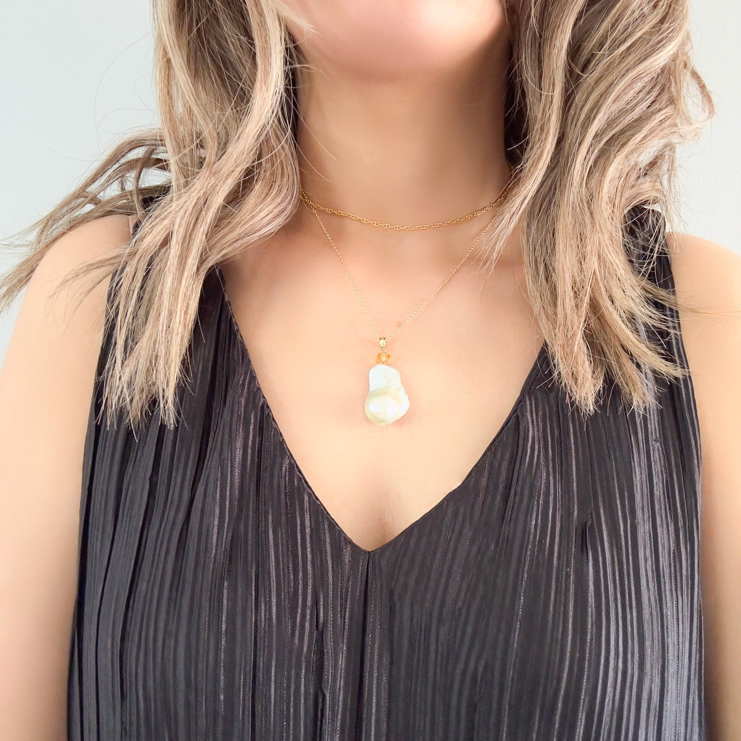 Inner Peace Pendant with White Baroque Pearl, Citrine and Gold