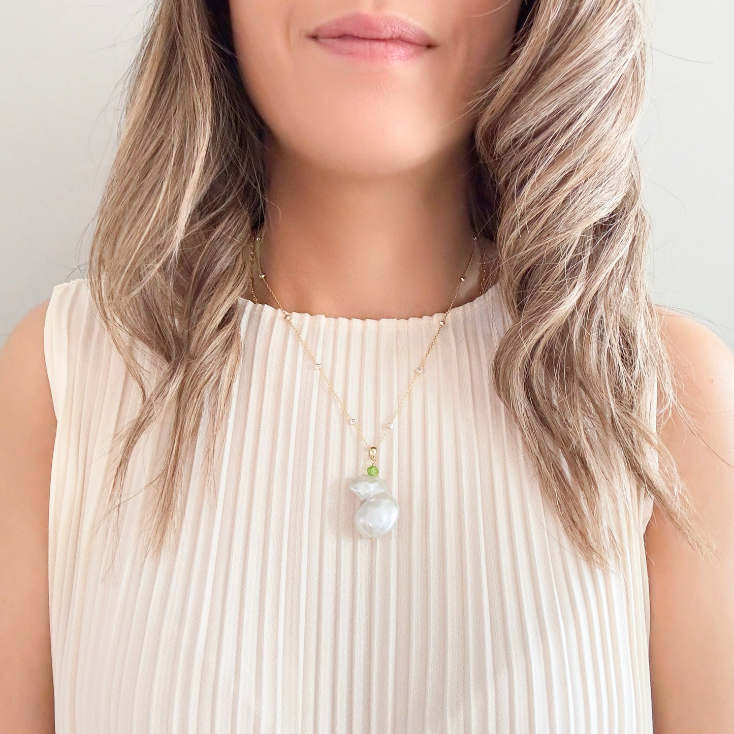 Inner Peace Pendant with White Baroque Pearl and Peridot
