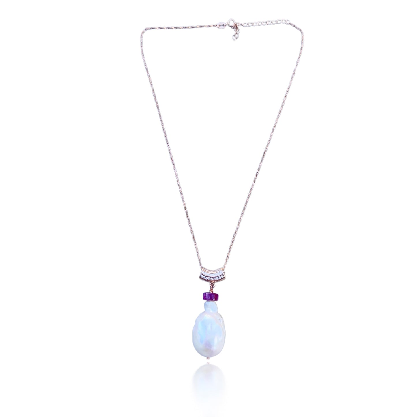 Inner Peace Pendant with White Baroque Pearl, Pink Tourmaline and Rose Gold