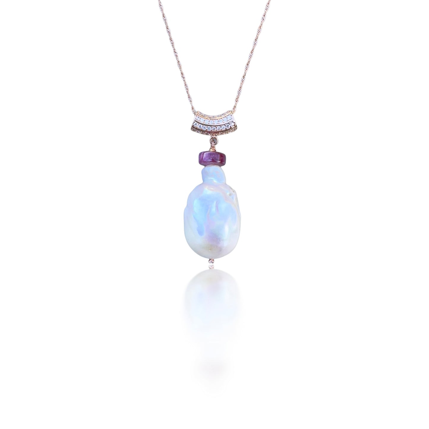 Inner Peace Pendant with White Baroque Pearl, Pink Tourmaline and Rose Gold