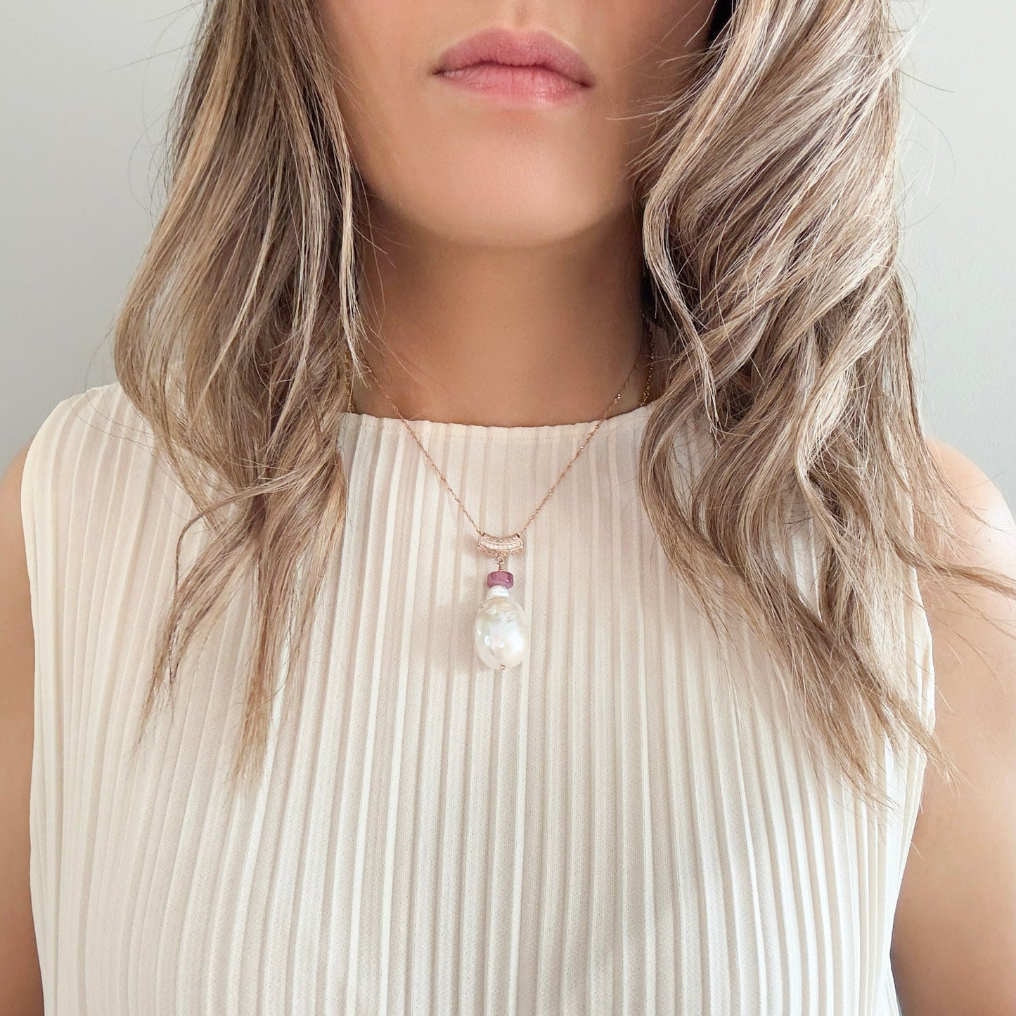 Inner Peace Pendant with White Baroque Pearl, Pink Tourmaline and Rose Gold