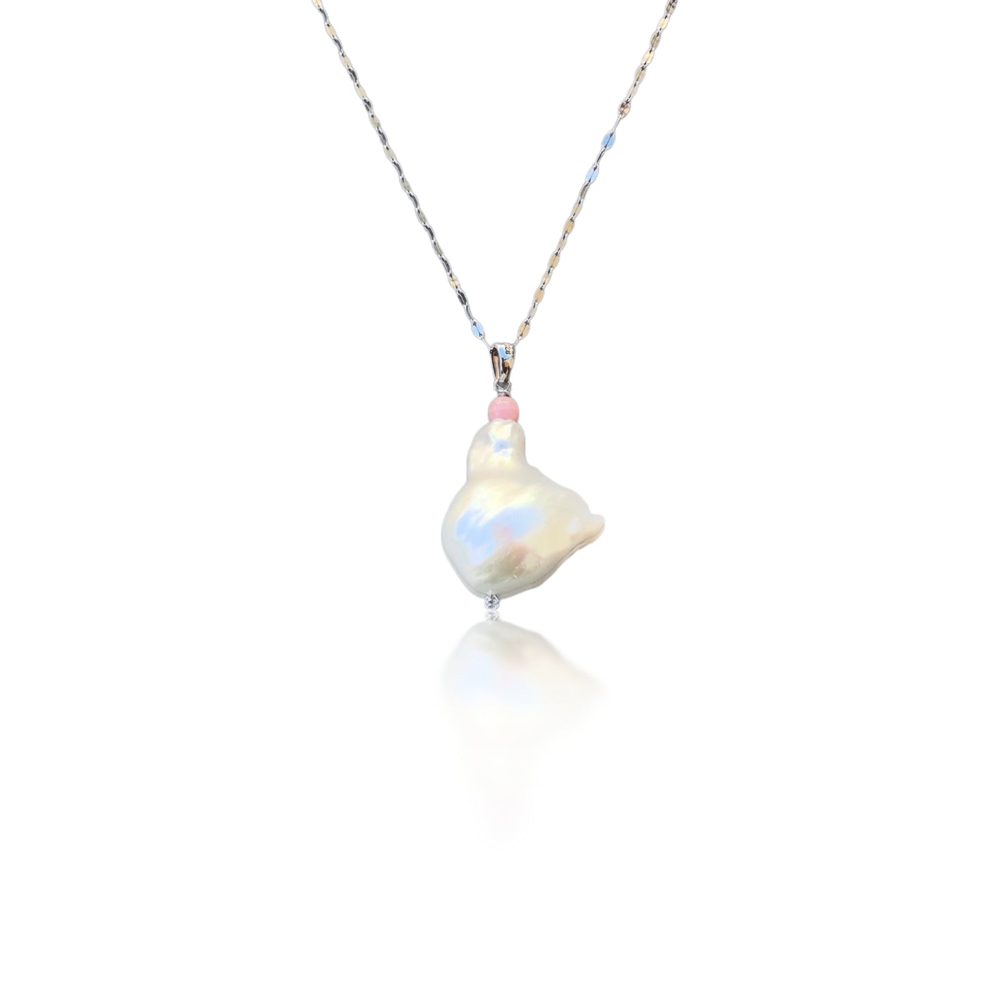 Inner Peace Pendant with White Baroque Pearl and Pink Opal
