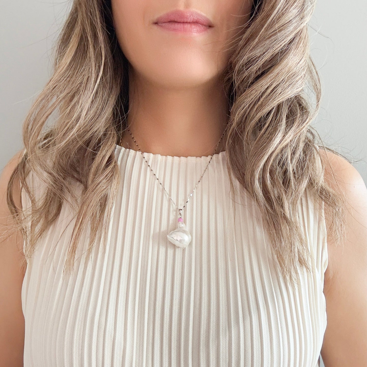 Inner Peace Pendant with White Baroque Pearl and Pink Opal