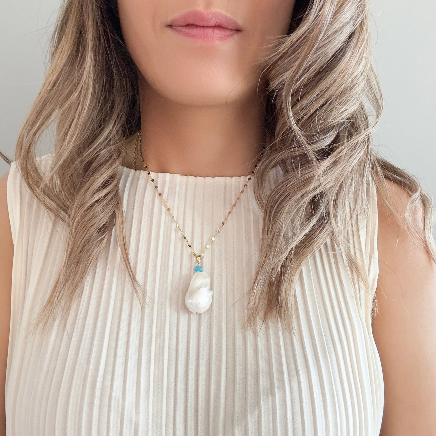 Inner Peace Pendant with White Baroque Pearl and Turquoise