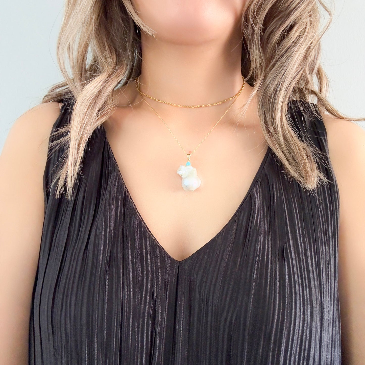 Inner Peace Pendant with White Baroque Pearl and Turquoise