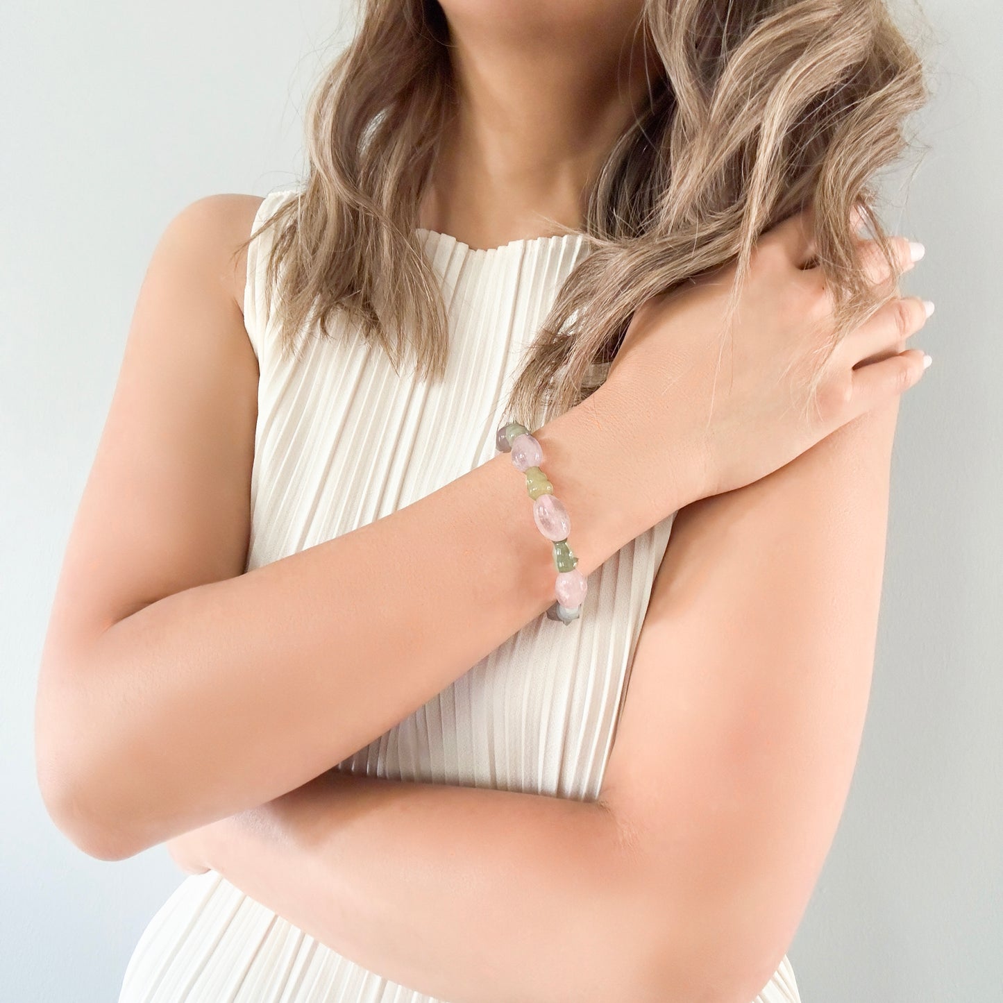 Love Bracelet with Rose Quartz and Green jade gourd Bead