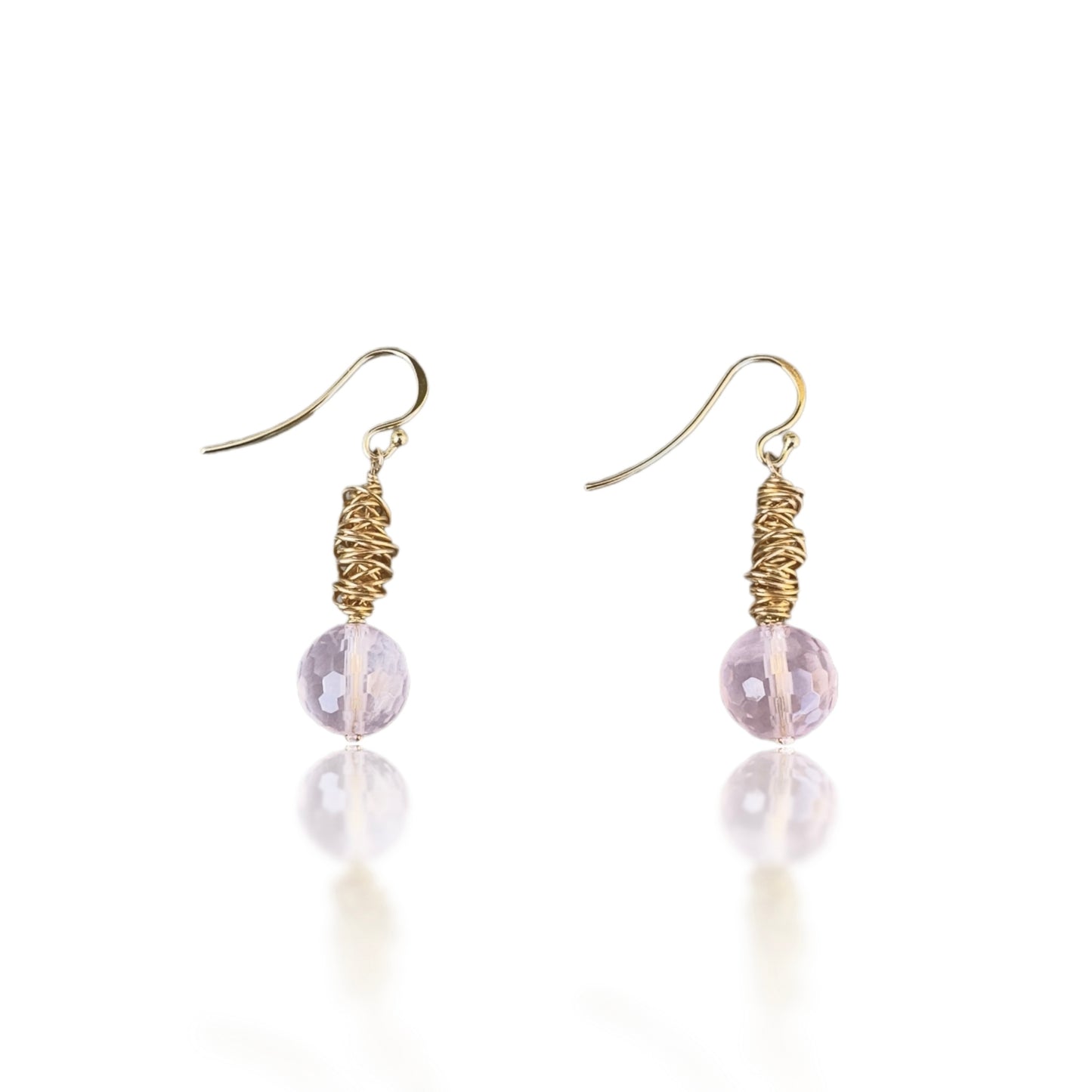 Love Earrings with Rose Quartz and Yellow Gold Wire