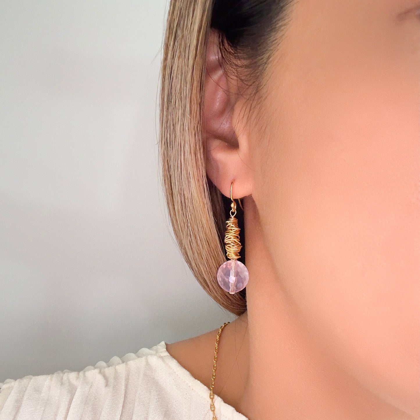 Love Earrings with Rose Quartz and Yellow Gold Wire