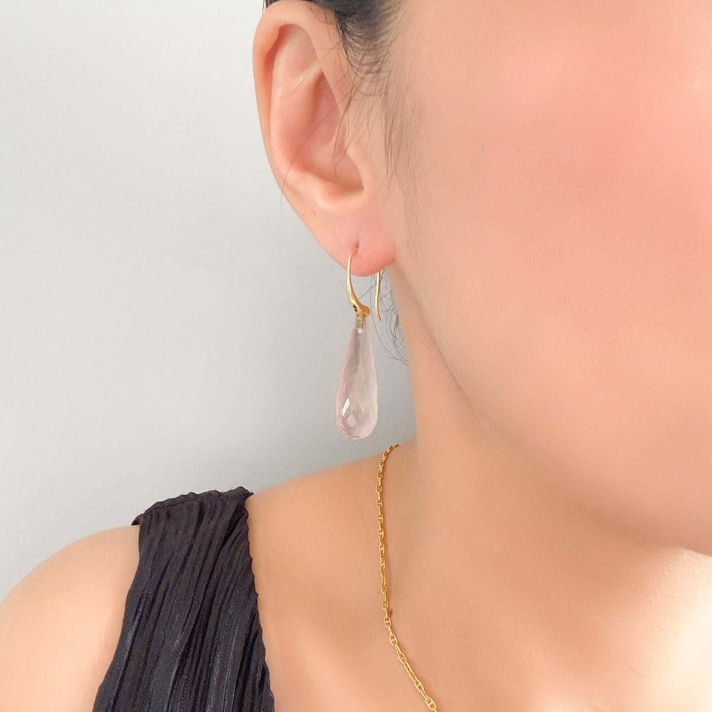 Love Earrings with Rose Quartz Briolette and Yellow Gold