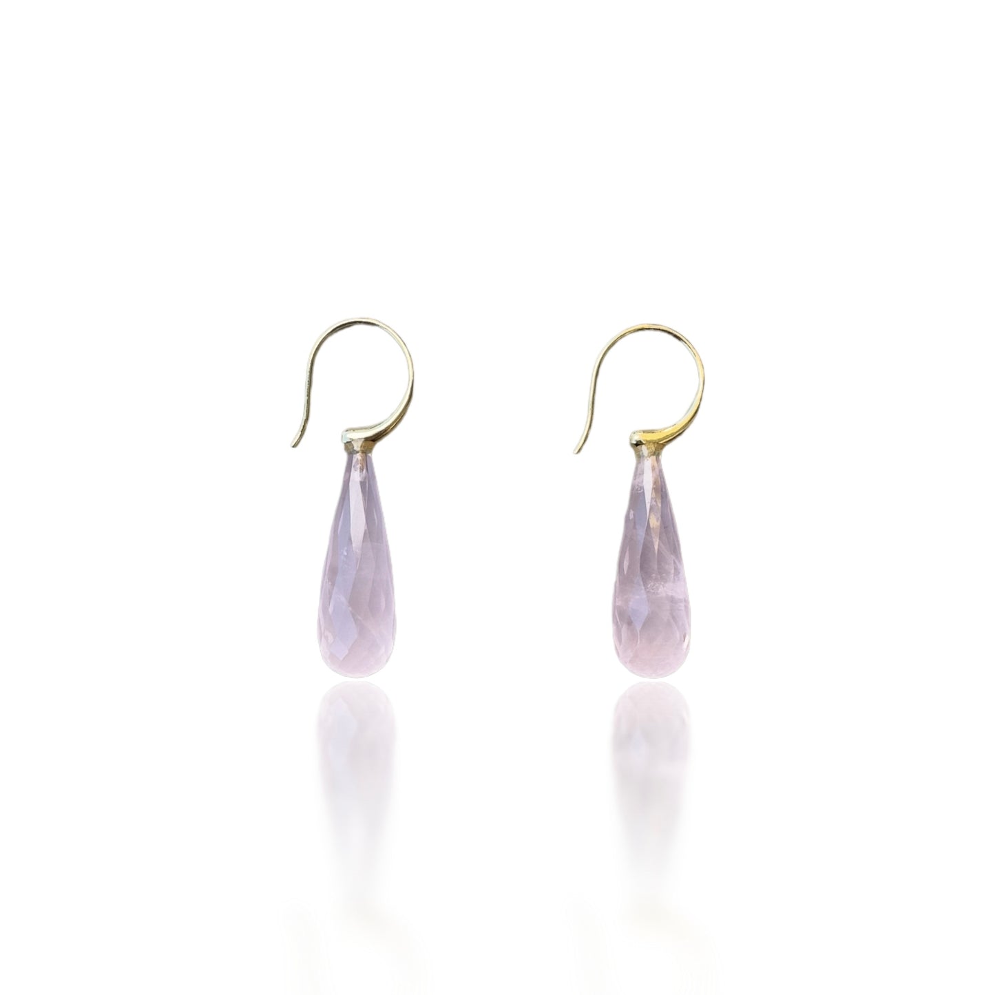 Love Earrings with Rose Quartz Briolette and Yellow Gold