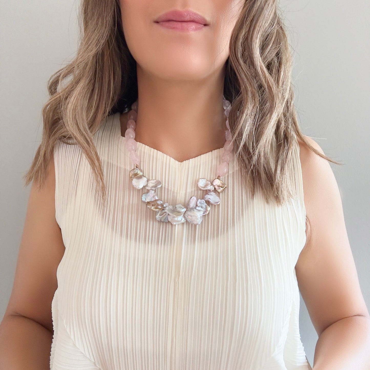 Love Necklace with Rose Quartz and Keshi Pearl