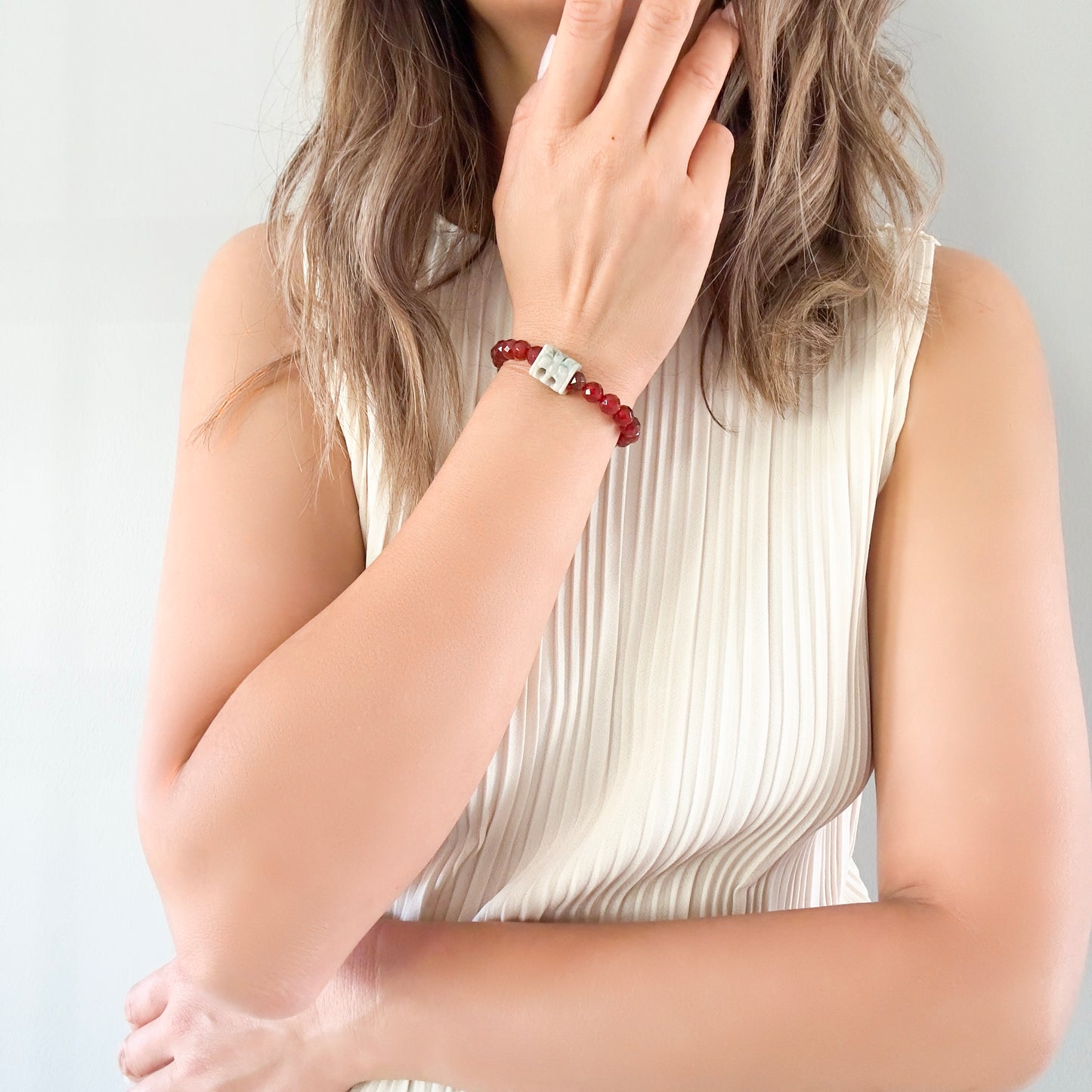 Motivation Bracelet with Red Carnelian, Jade and Enamel Silver Bead