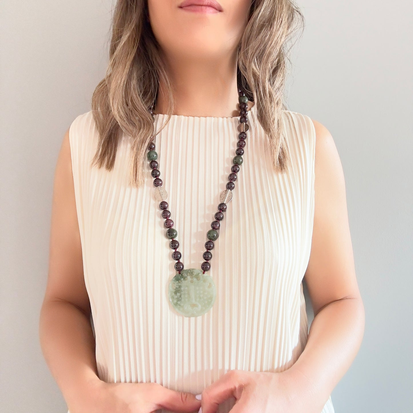 Passion Necklace with Garnet, Burma Jade Pendant and Pure Silver Bead