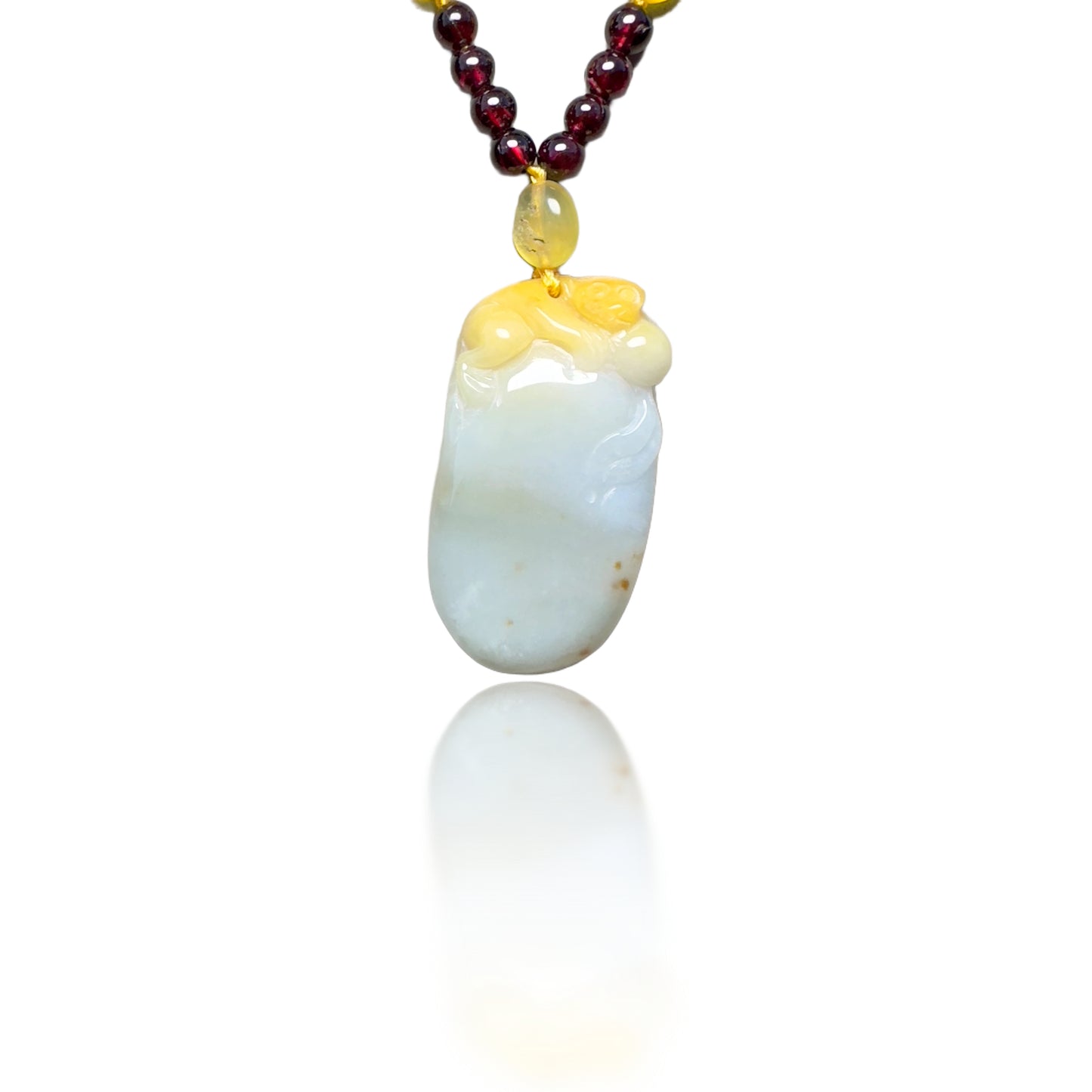 Passion Necklace with Garnet, Yellow Opal and Burma Jade Pi Xiu Pendant