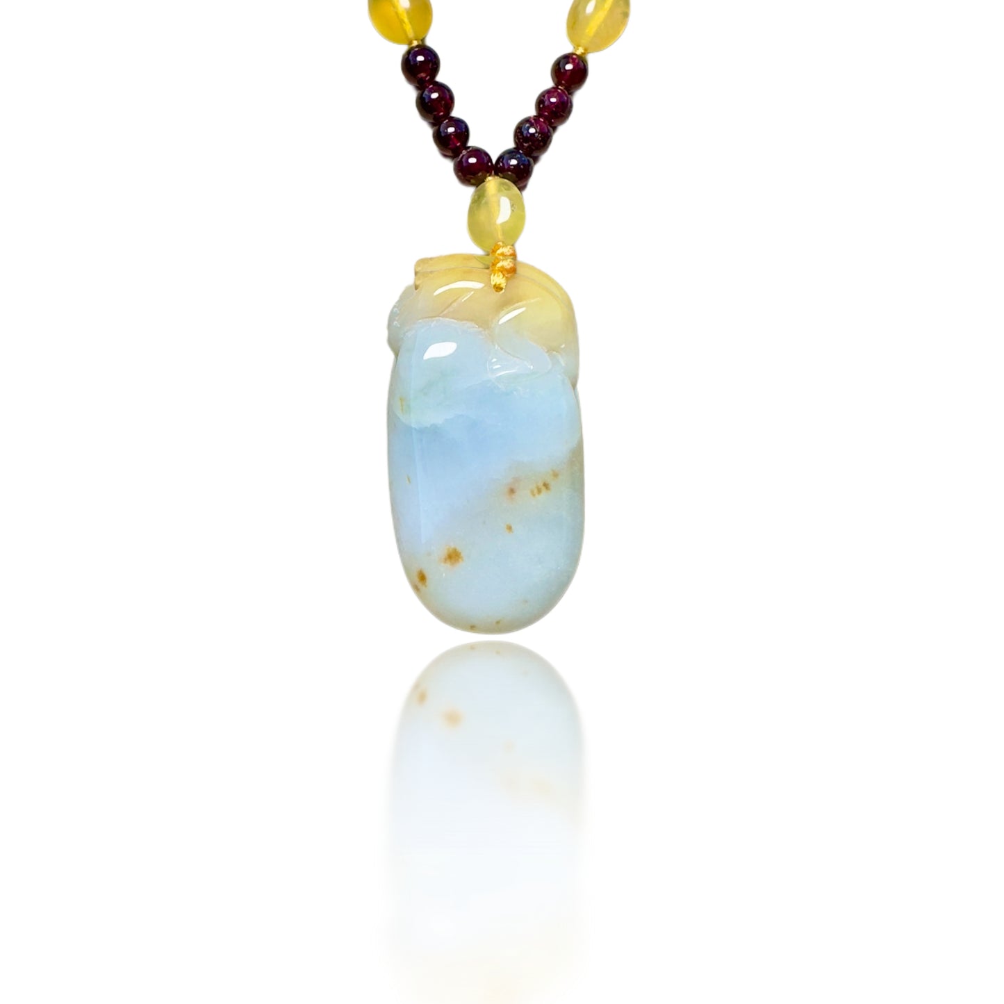 Passion Necklace with Garnet, Yellow Opal and Burma Jade Pi Xiu Pendant