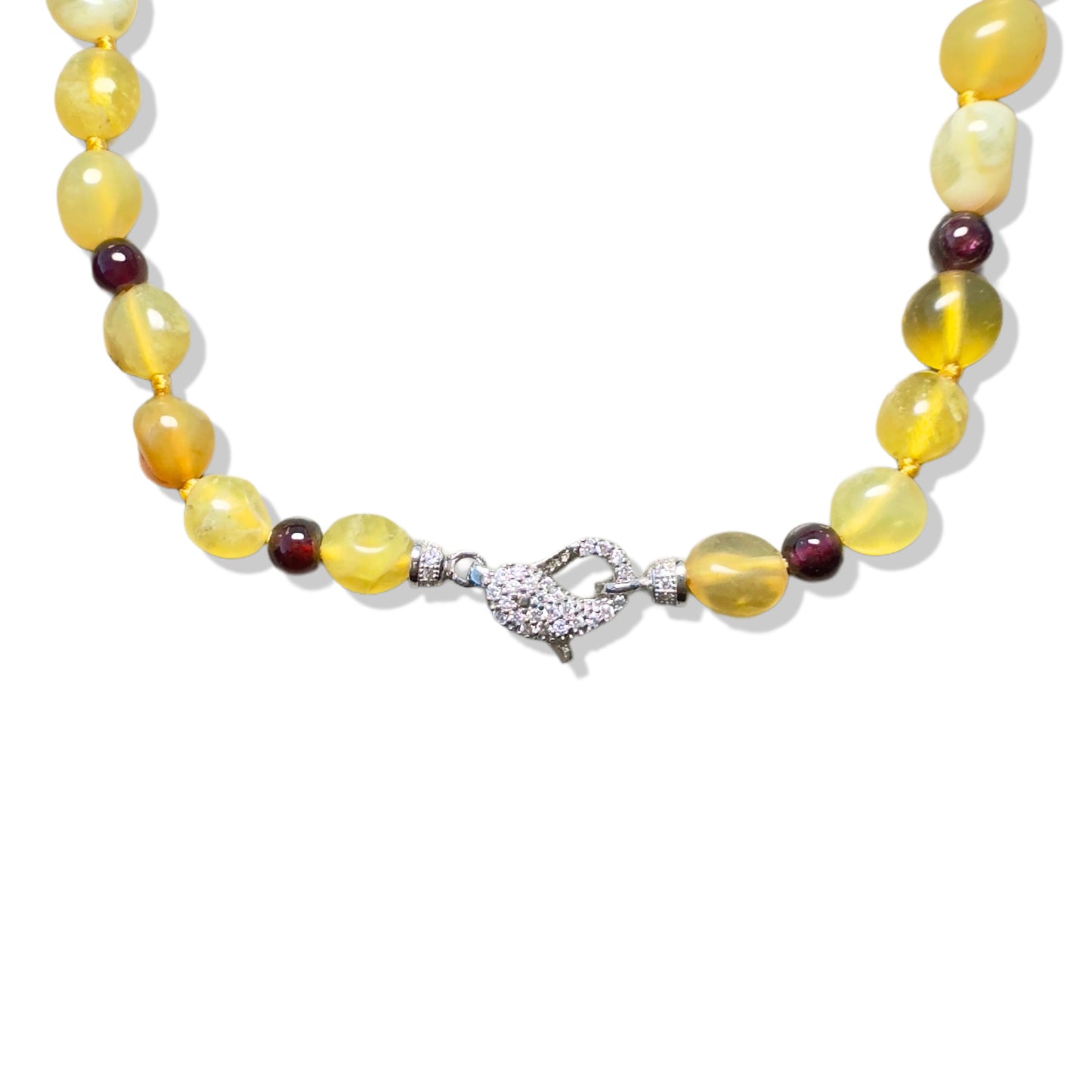 Passion Necklace with Garnet, Yellow Opal and Burma Jade Pi Xiu Pendant