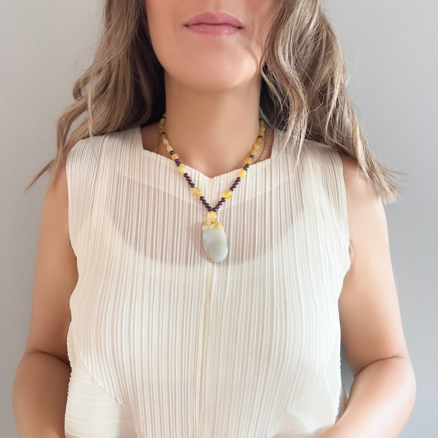 Passion Necklace with Garnet, Yellow Opal and Burma Jade Pi Xiu Pendant