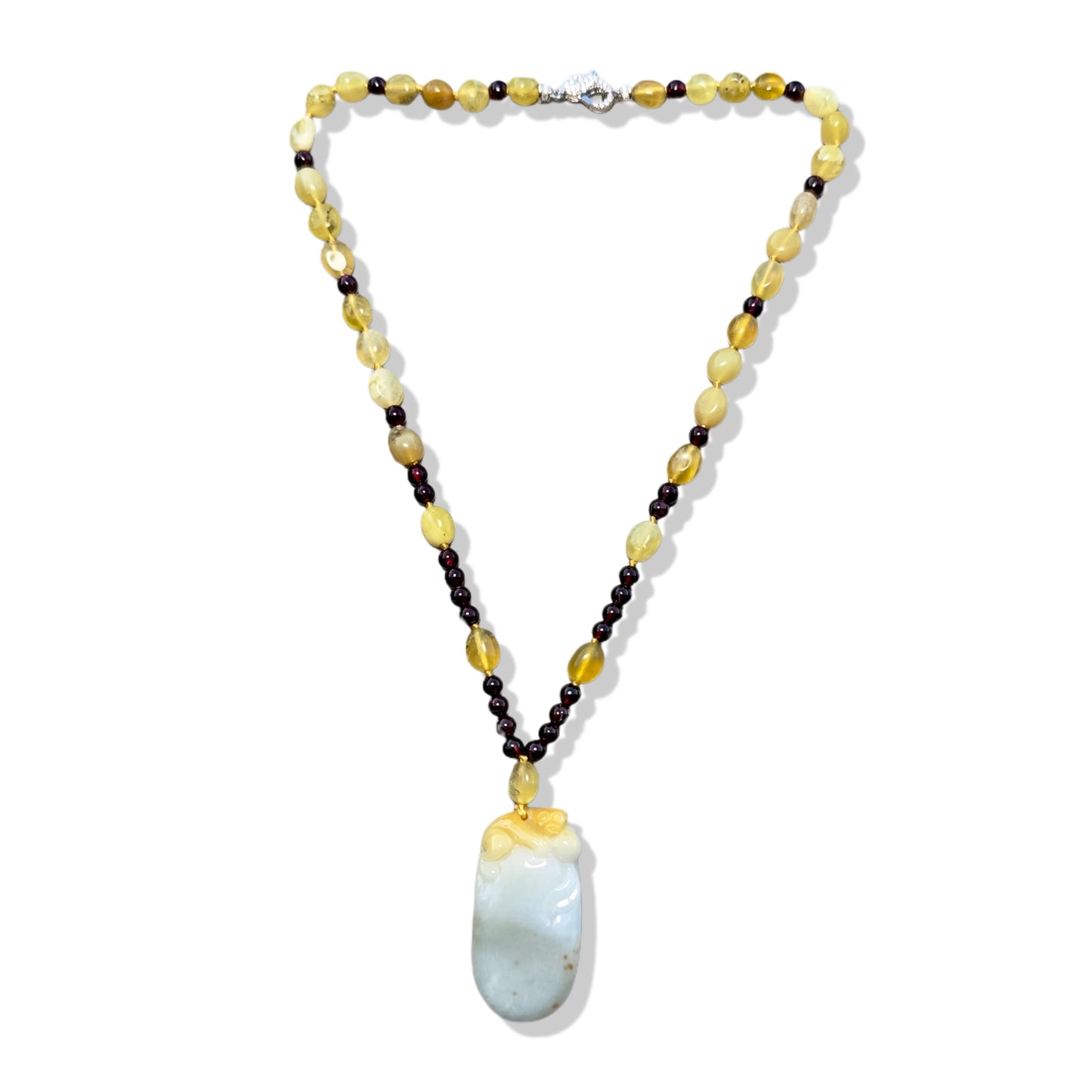 Passion Necklace with Garnet, Yellow Opal and Burma Jade Pi Xiu Pendant