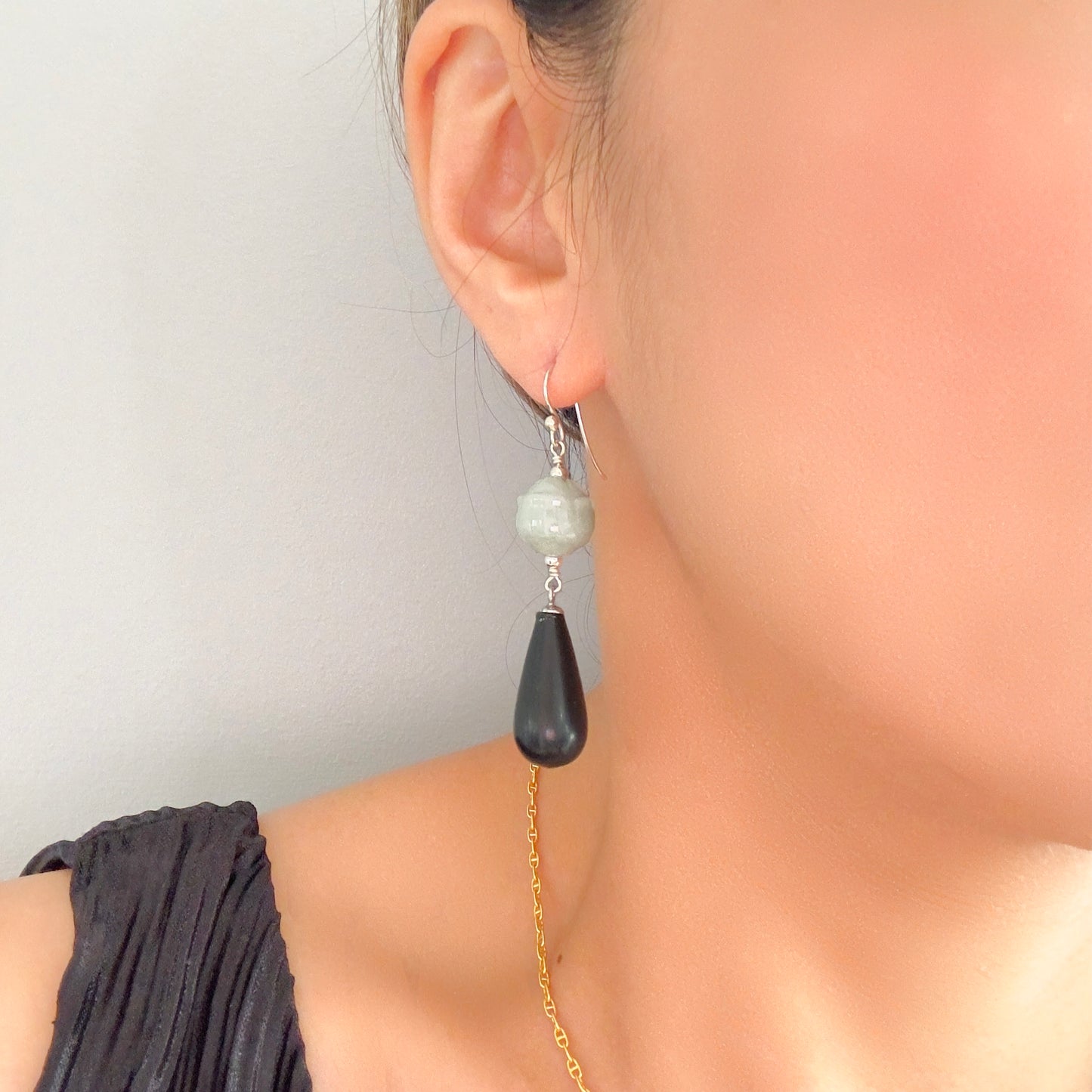 Protection Earrings with Matt Finish Onyx and Green Jade Rose Carving