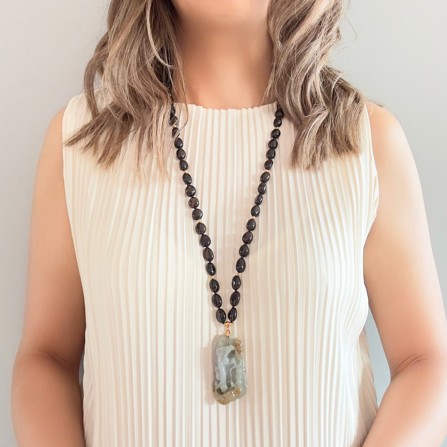 Protection Necklace with Smoky Quartz and Lizard Jade Carving