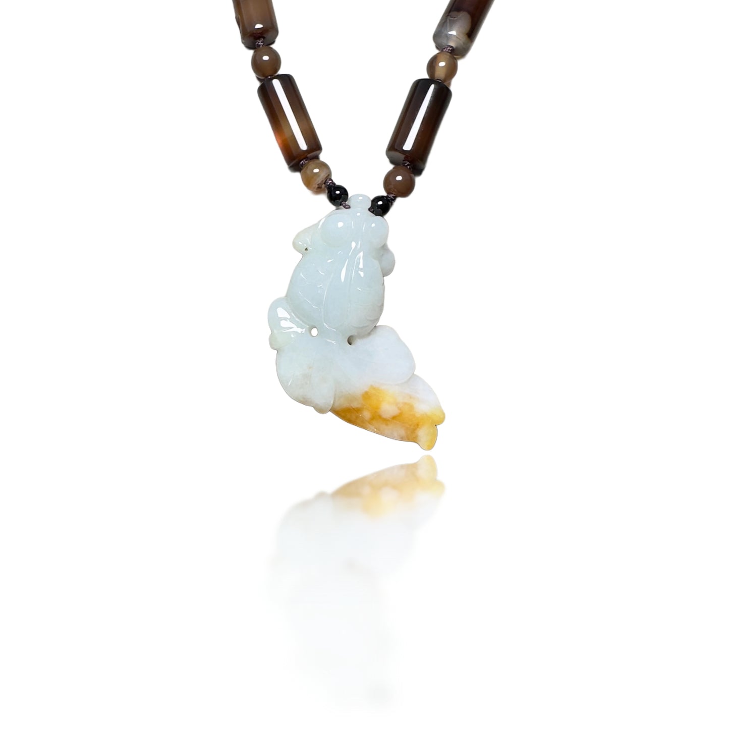 Protection Necklace with Lace Agate and Gold Fish Jade Carving
