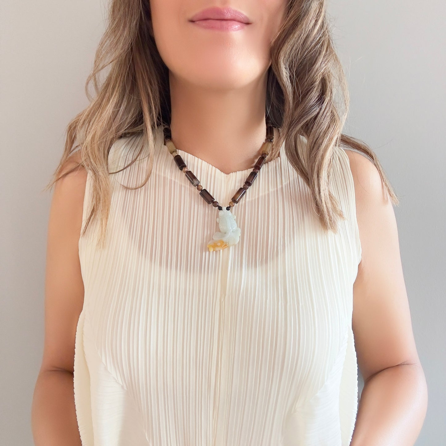 Protection Necklace with Lace Agate and Gold Fish Jade Carving
