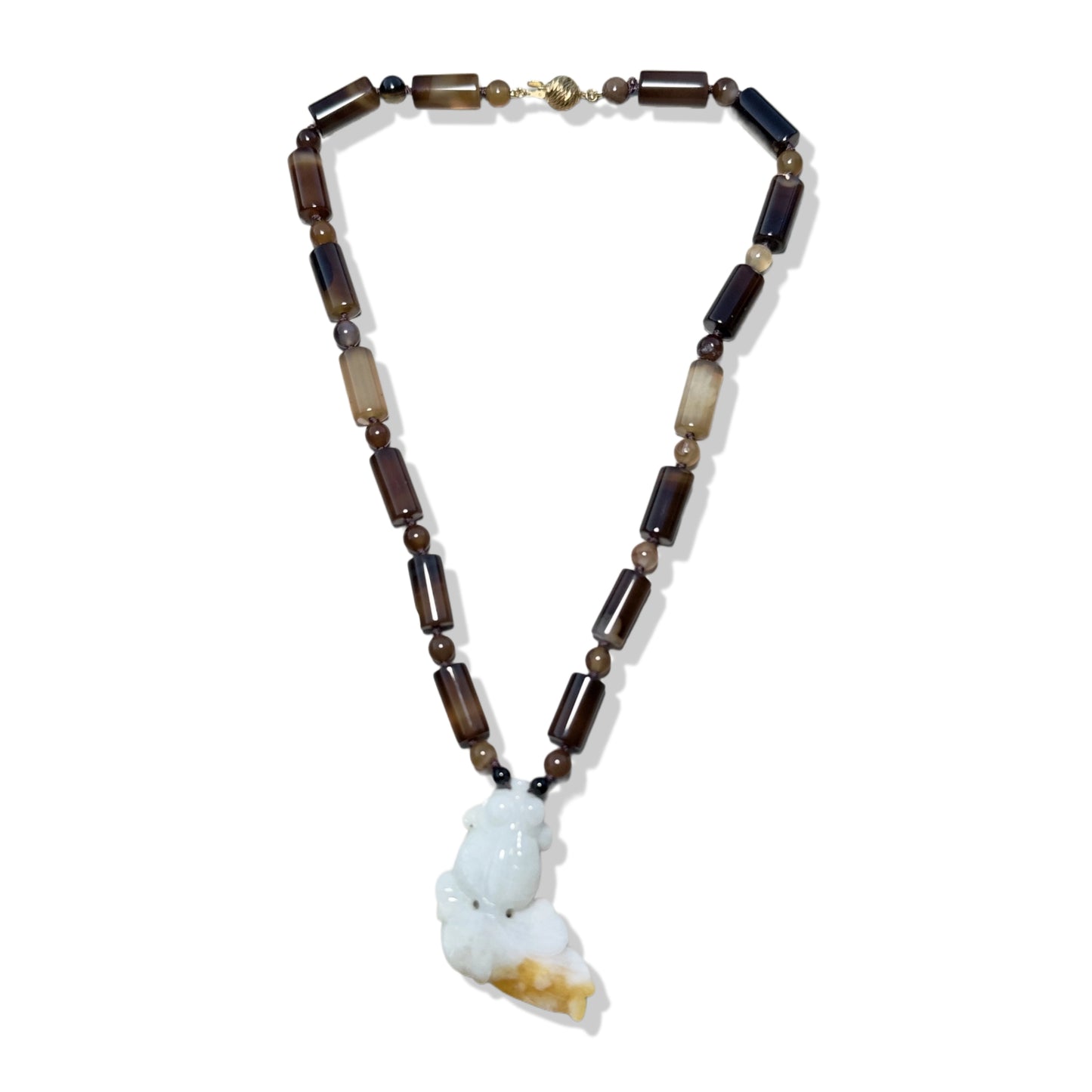 Protection Necklace with Lace Agate and Gold Fish Jade Carving