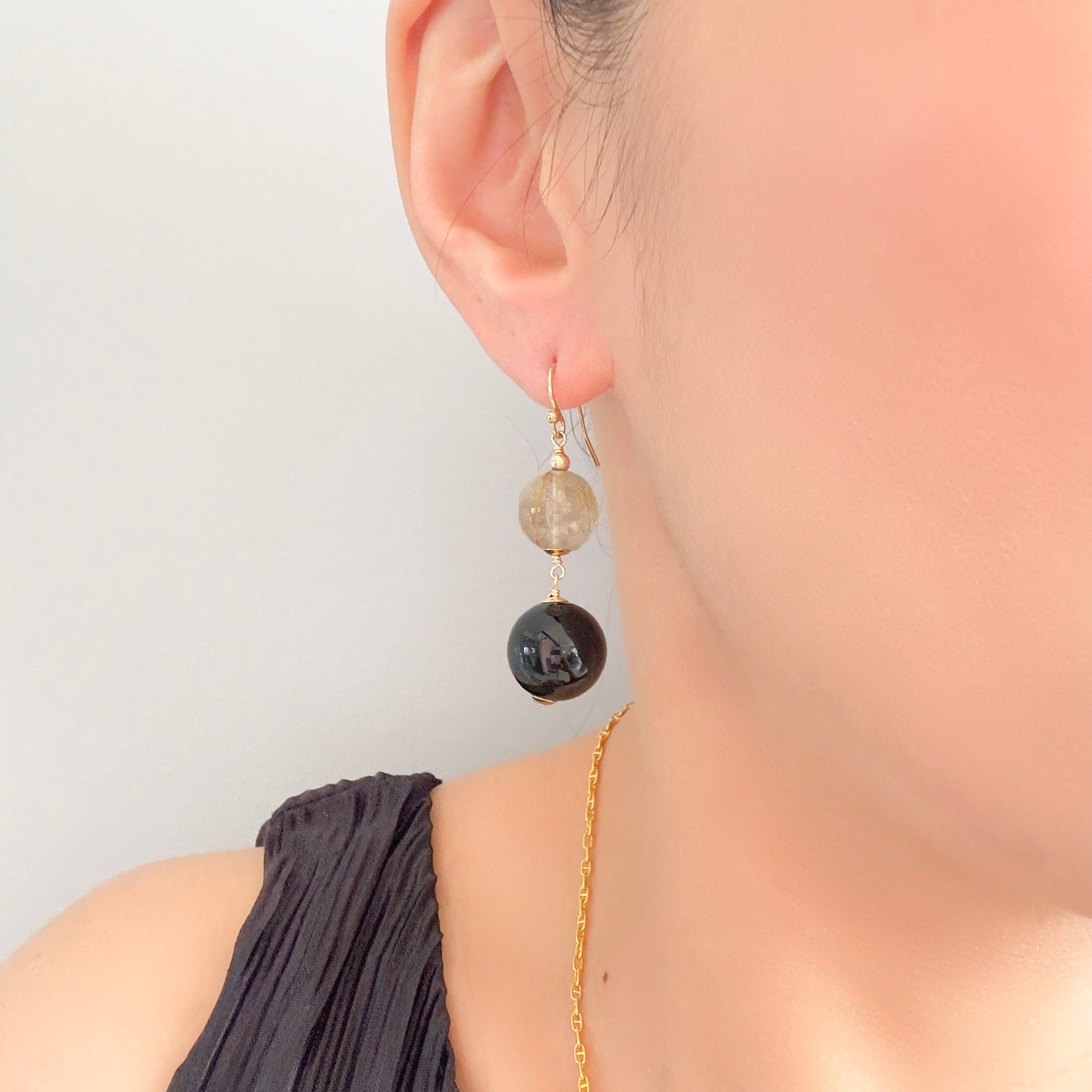 Protection Earrings with Obsidian, Gold Rutilated Quartz and Yellow Gold