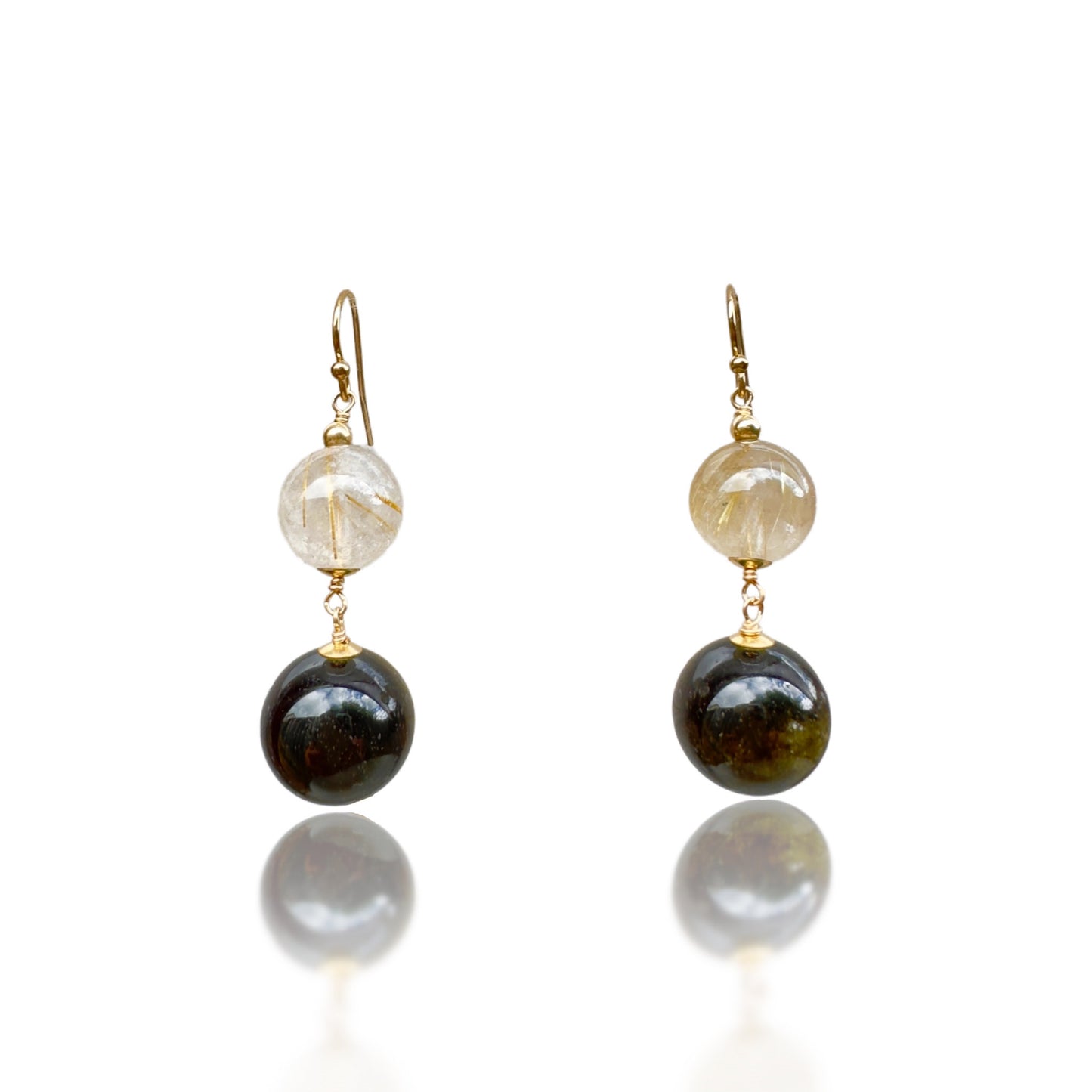 Protection Earrings with Obsidian, Gold Rutilated Quartz and Yellow Gold