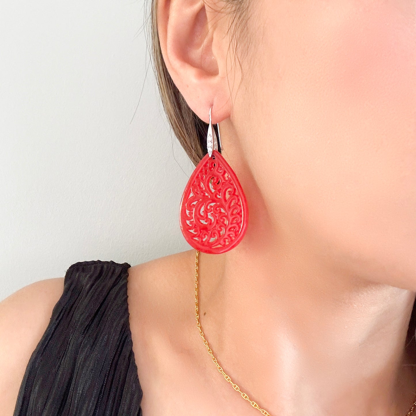 Protection Earrings with Red Agate Carving