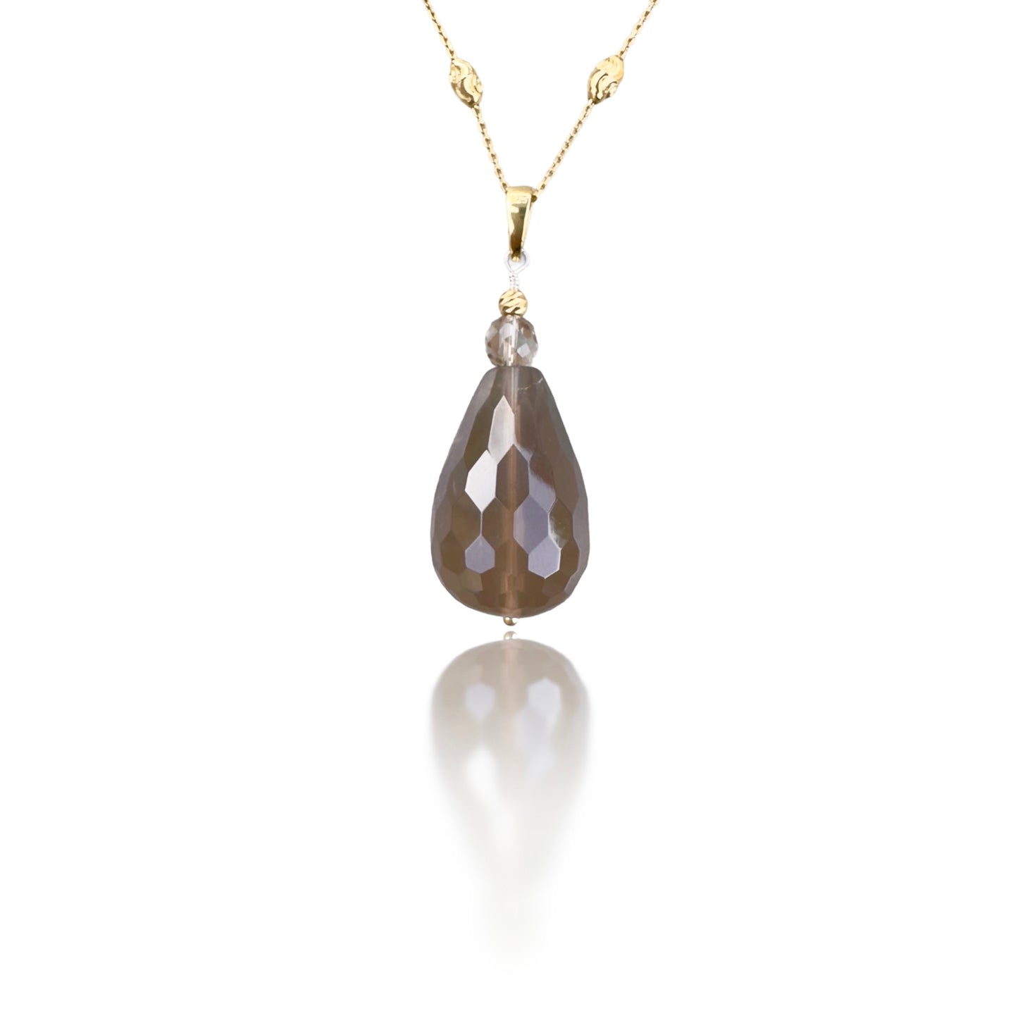 Protection Long Necklace with Smoky Quartz and Yellow Gold