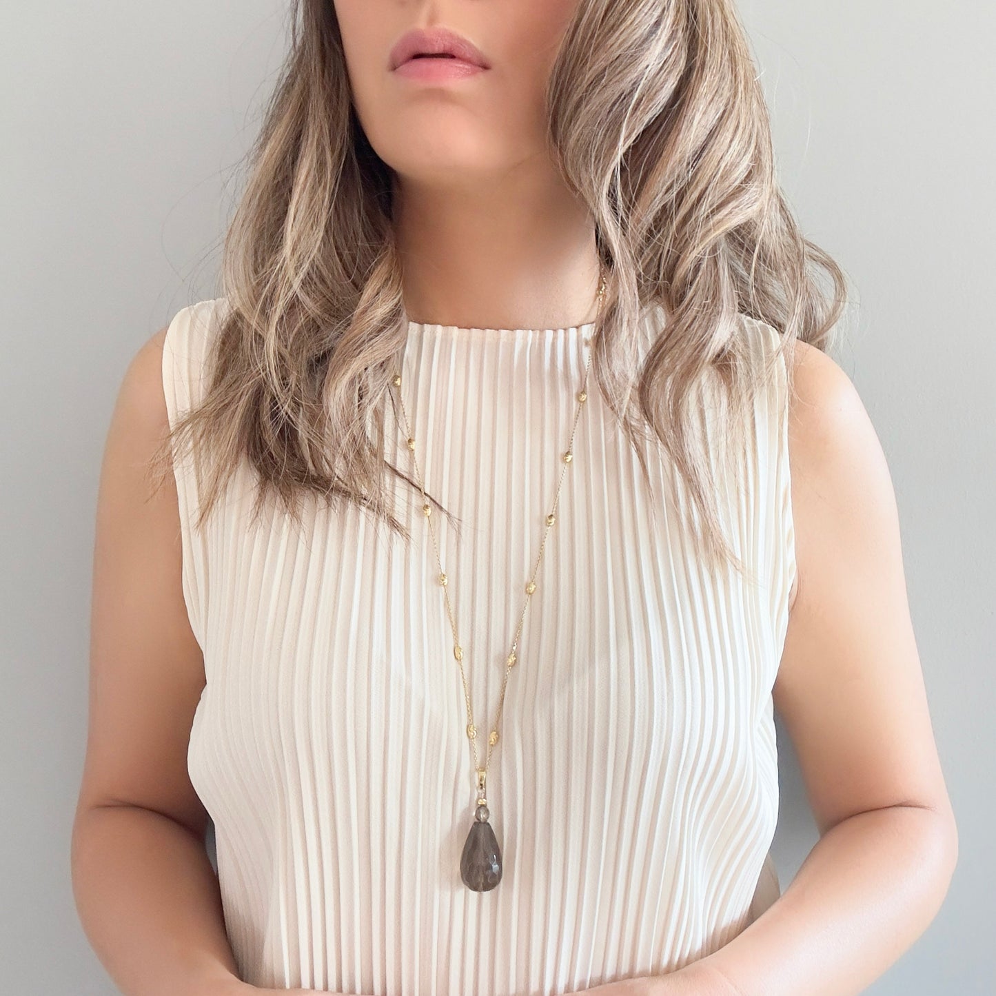 Protection Long Necklace with Smoky Quartz and Yellow Gold