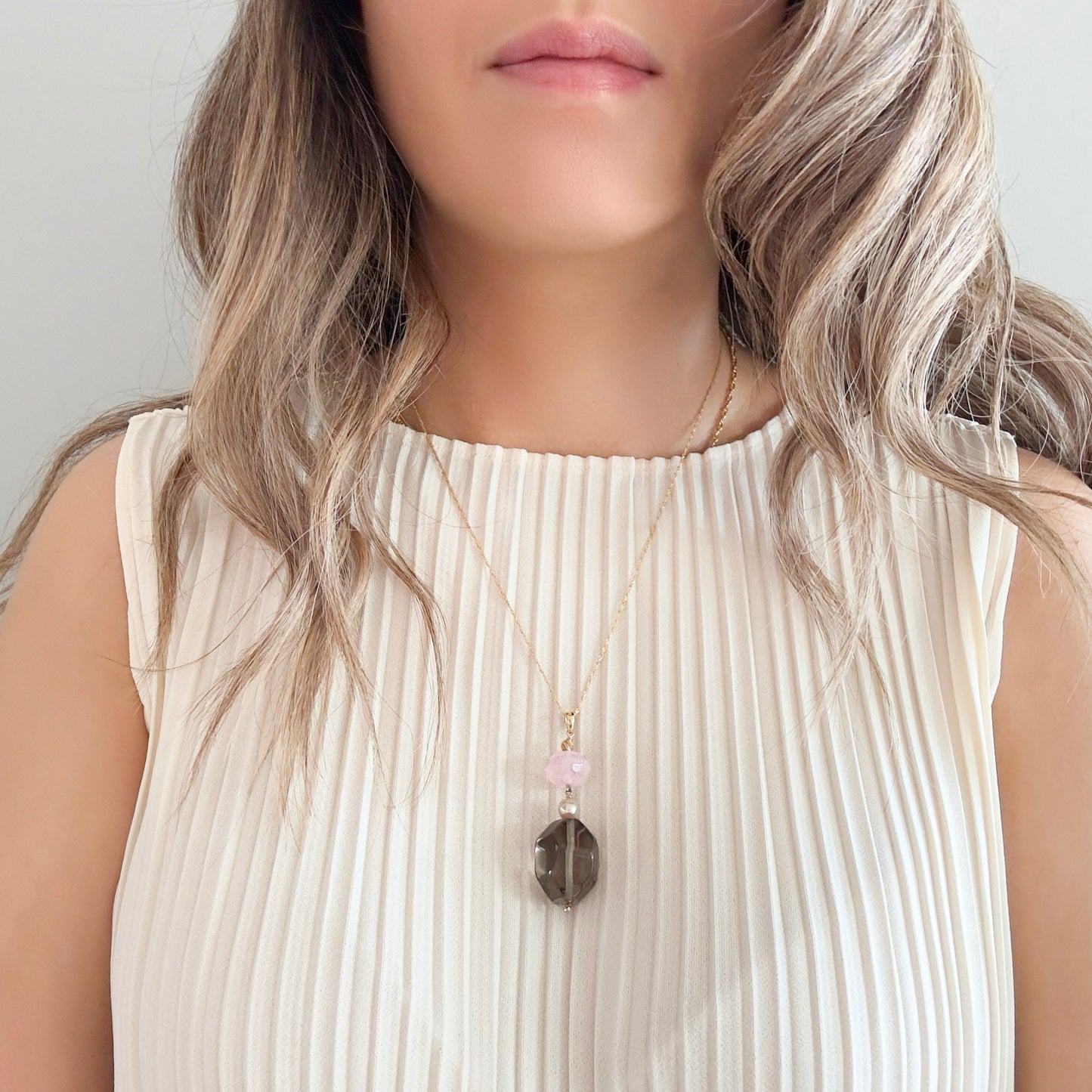 Protection Pendant with Smoky Quartz, Rose Quartz and Freshwater Pearl