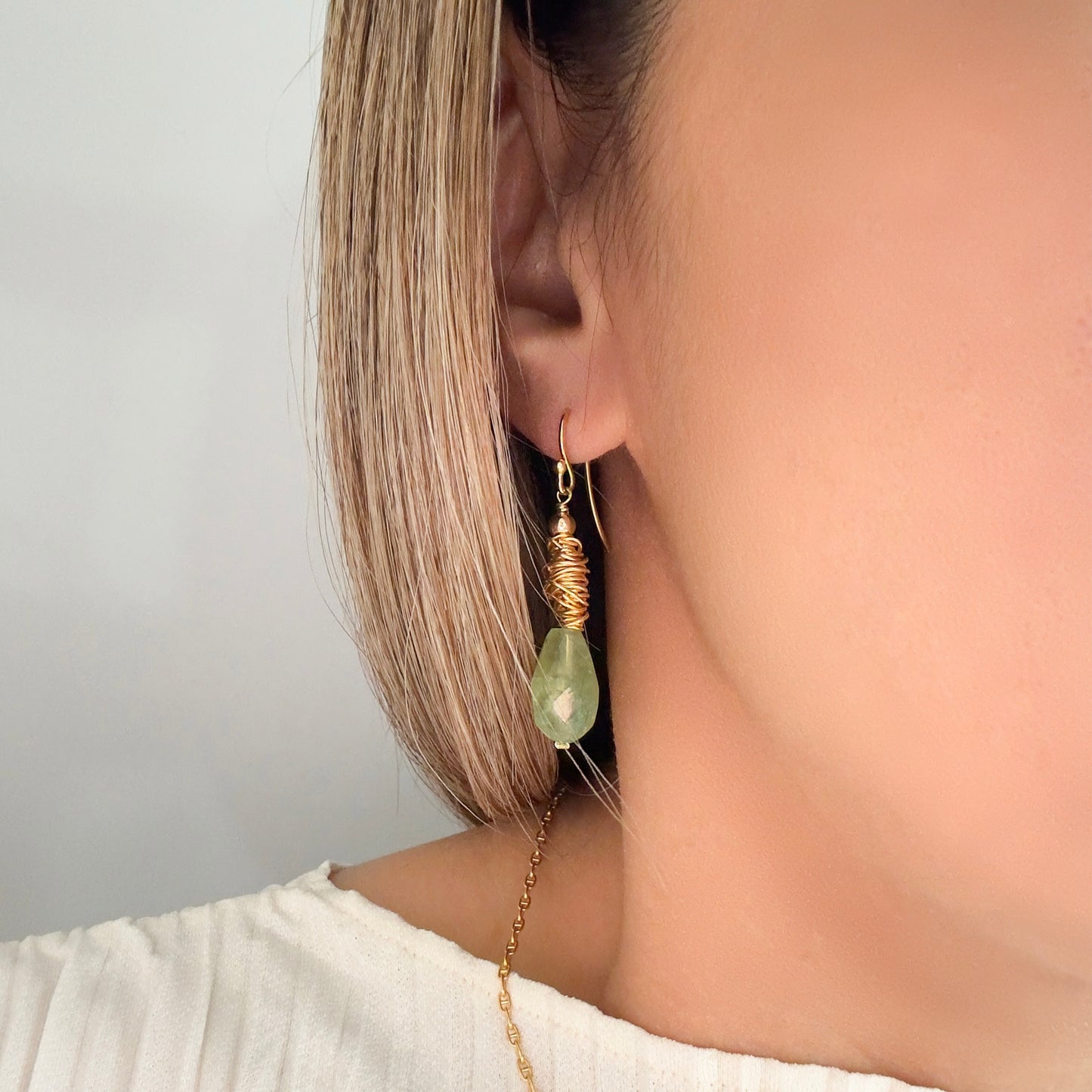 Renewal Earrings with Prehnite and Yellow Gold Wire Bead