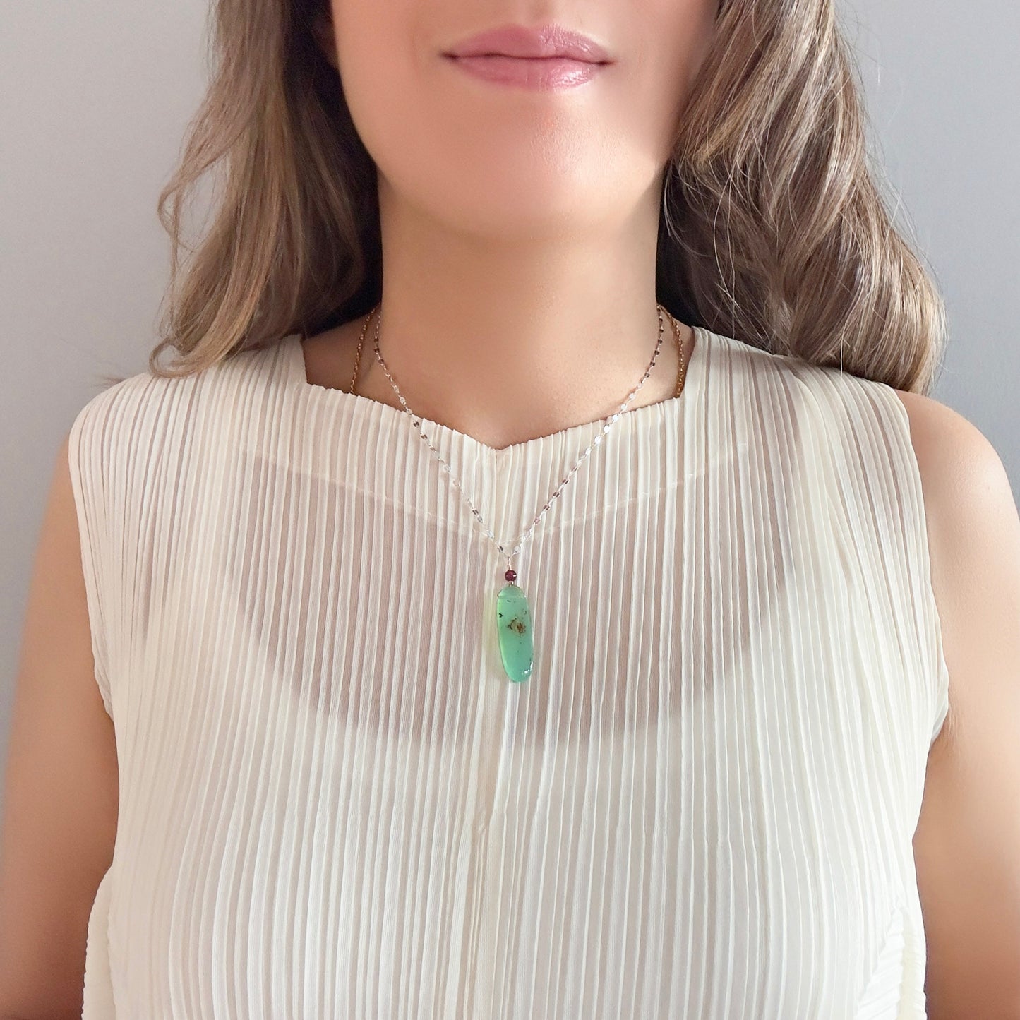 Renewal Pendant with Chrysoprase, Garnet and Silver Chain