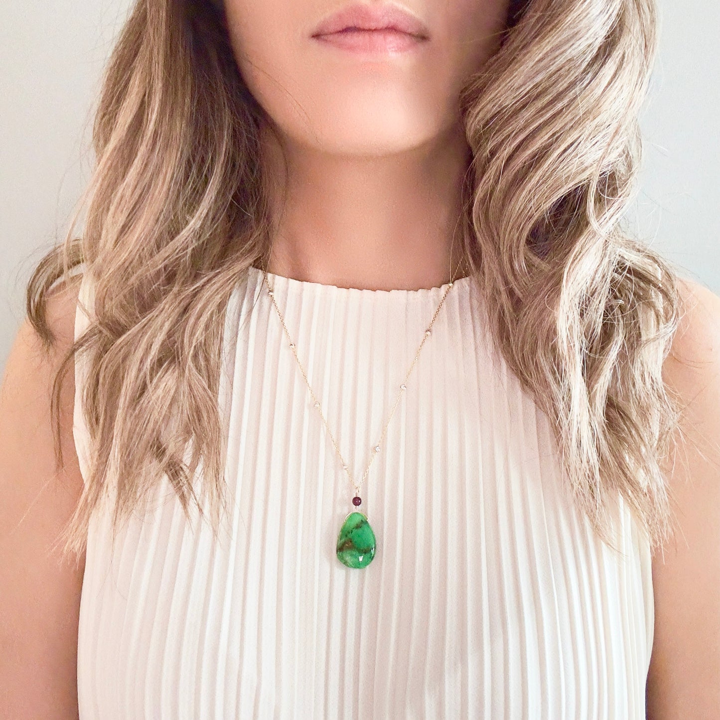 Renewal Pendant with Chrysoprase, Garnet and Two Tone Chain