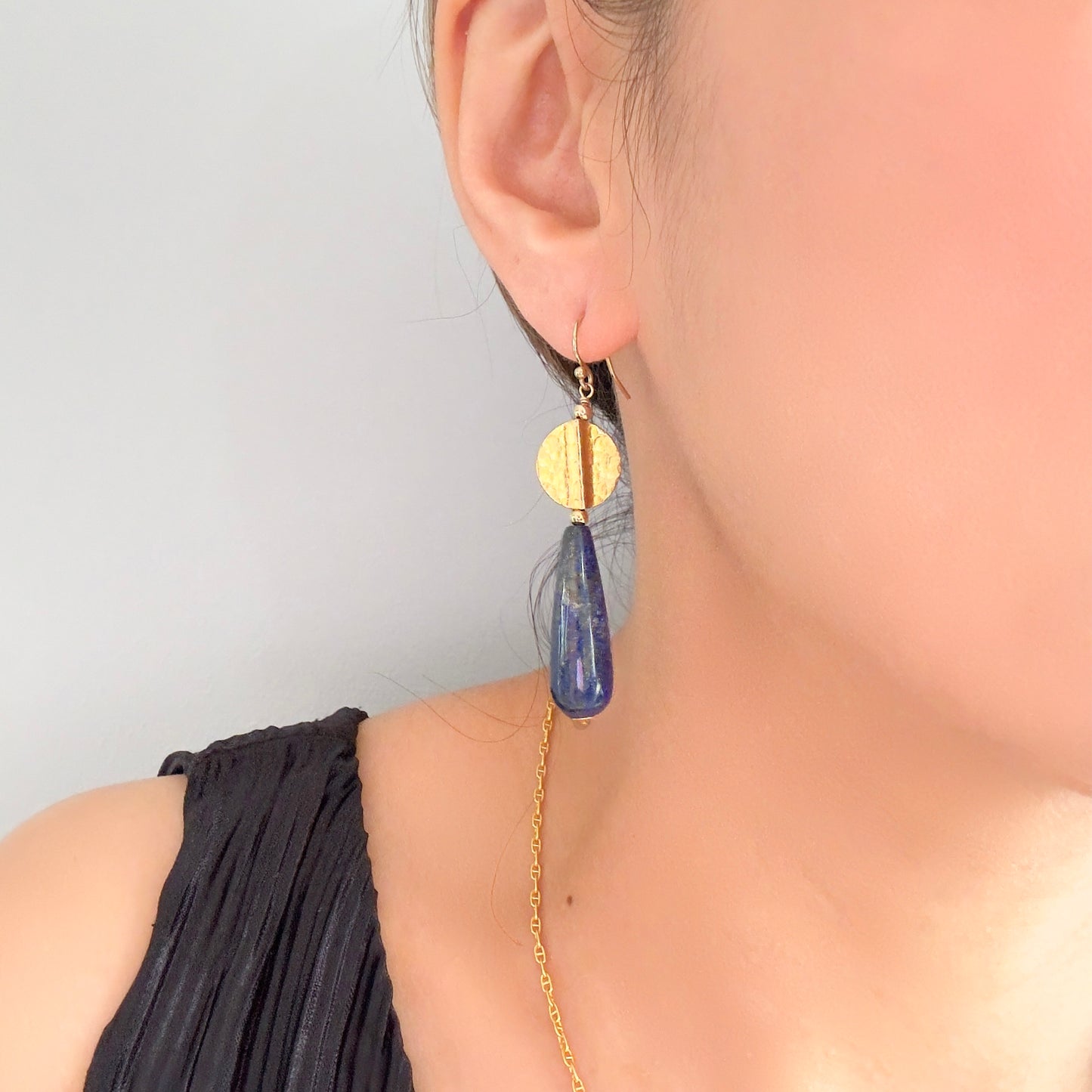 Self-awareness Earrings with Lapis and Gold Hammer Bead