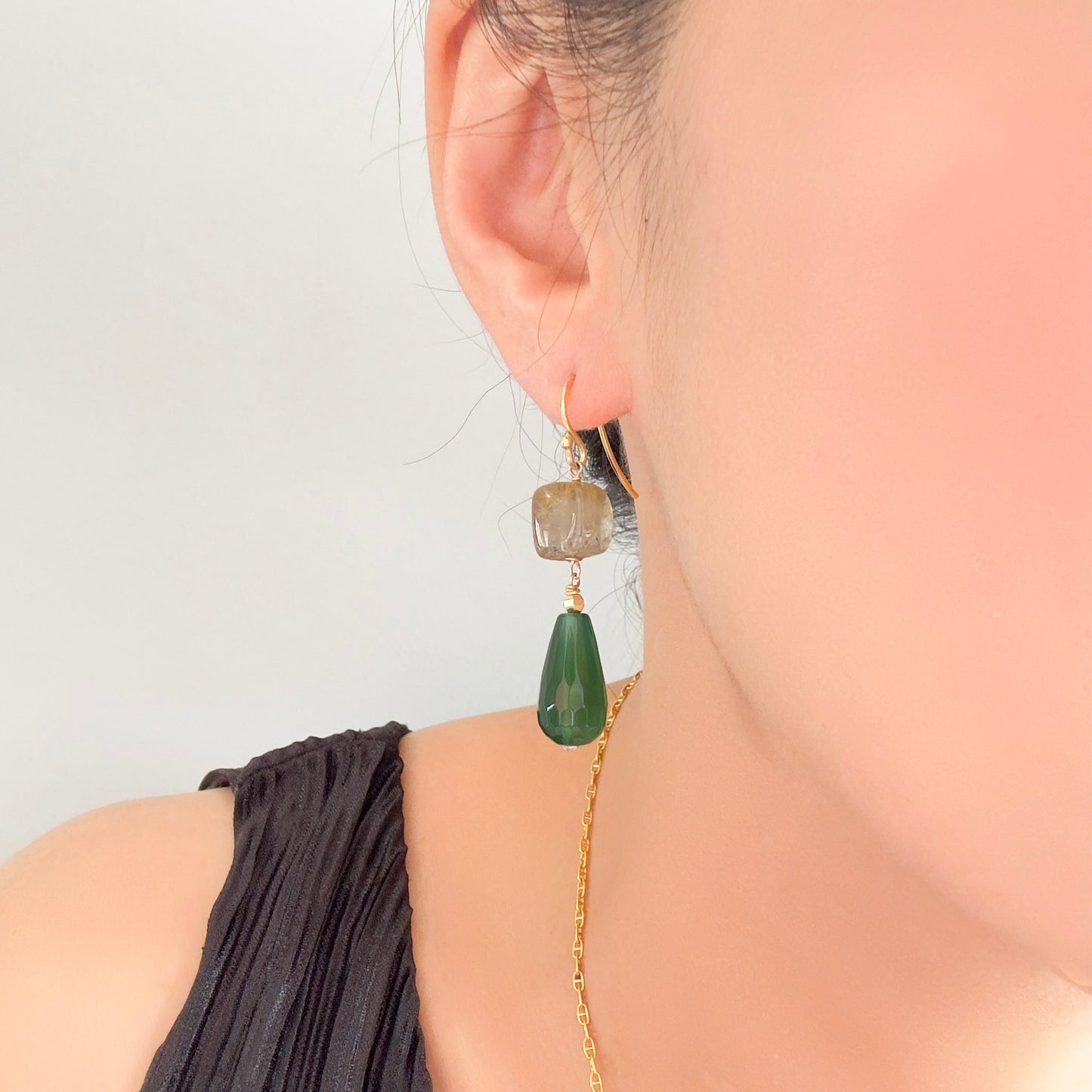 Strength Earrings with Green Onyx and Gold Rutilated Quartz