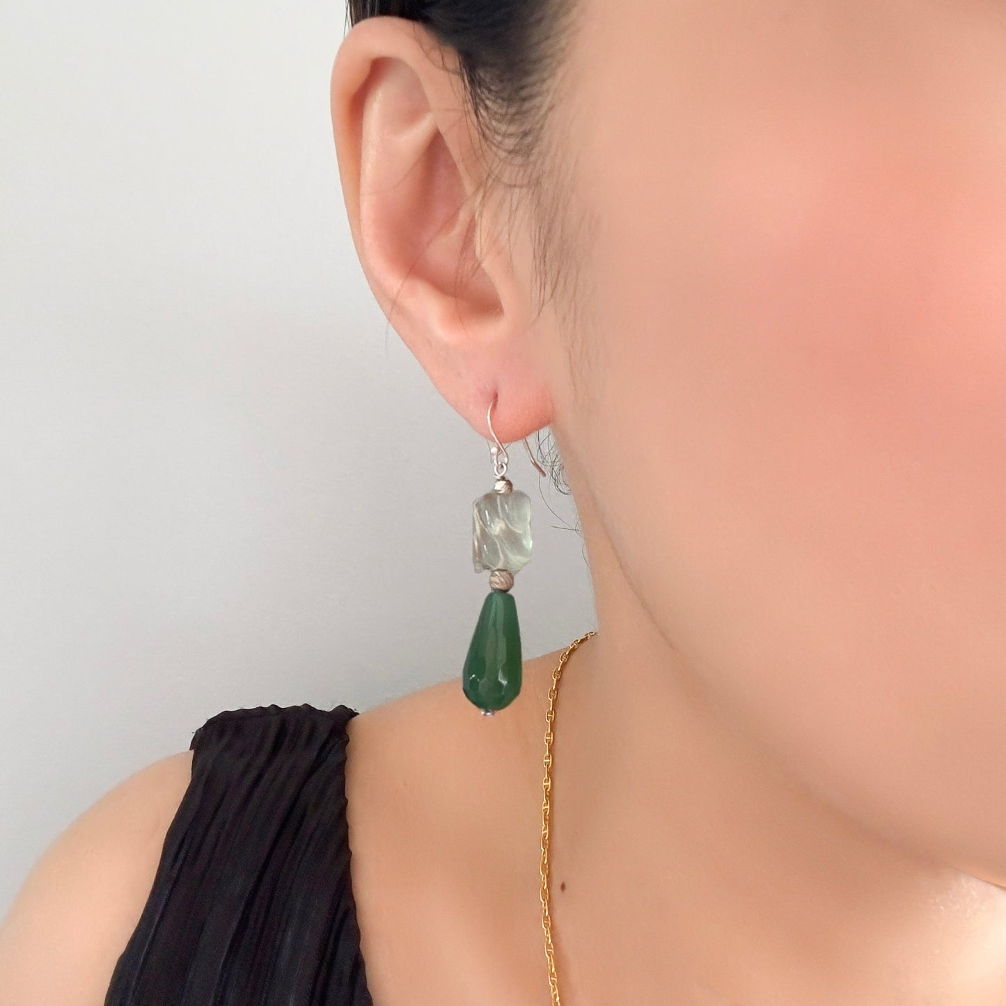 Strength Earrings with Green Onyx and Fluorite Carving